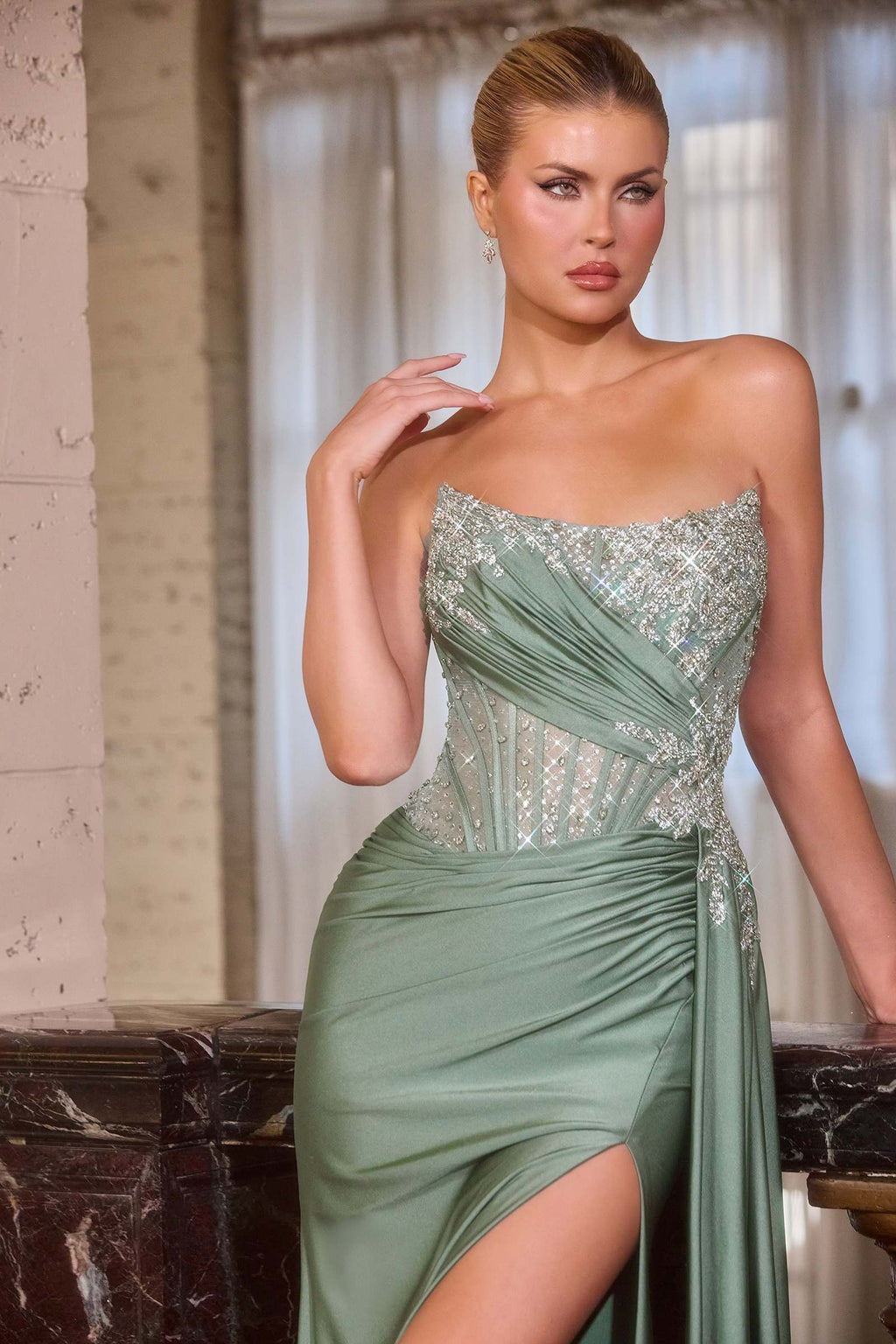 Ladivine CD689 Fitted Asymmetrical Strapless Stretch Satin Gown