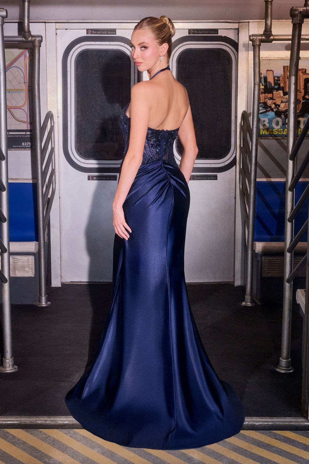 Ladivine CD690 Plunging Halter Neckline Beaded Stretch Satin Dress