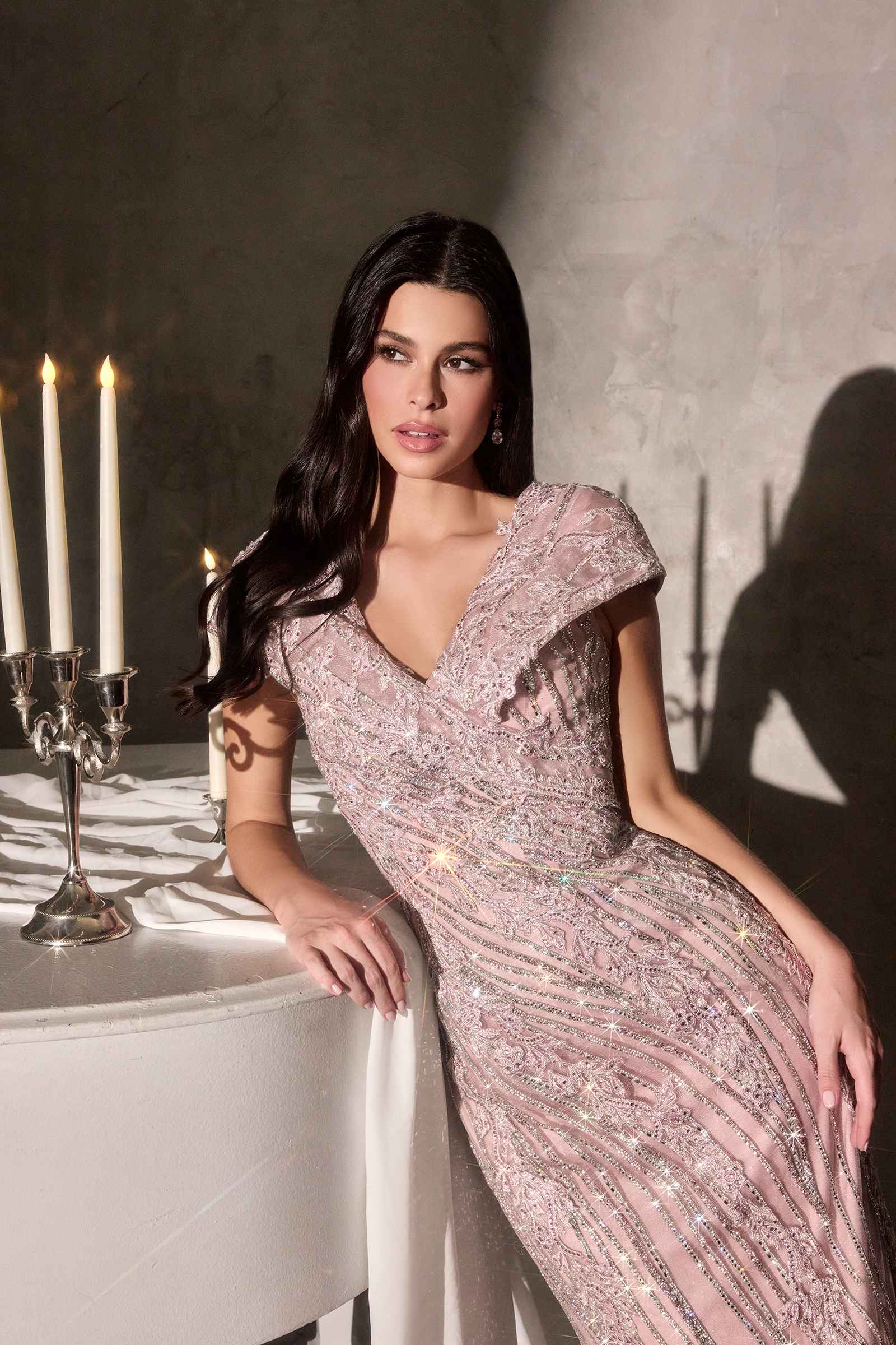 Ladivine CD698 Long Cap Sleeve Mother of the Bride V-Neckline Dress