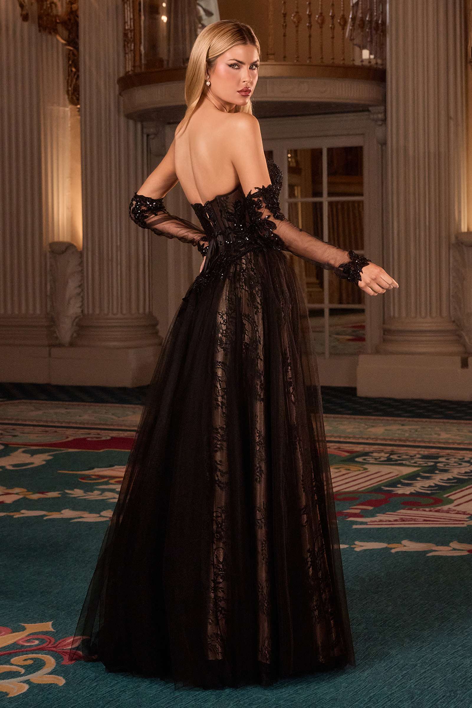 Ladivine CD717 Strapless A-Line Gown Lace Applique Tulle Skirt