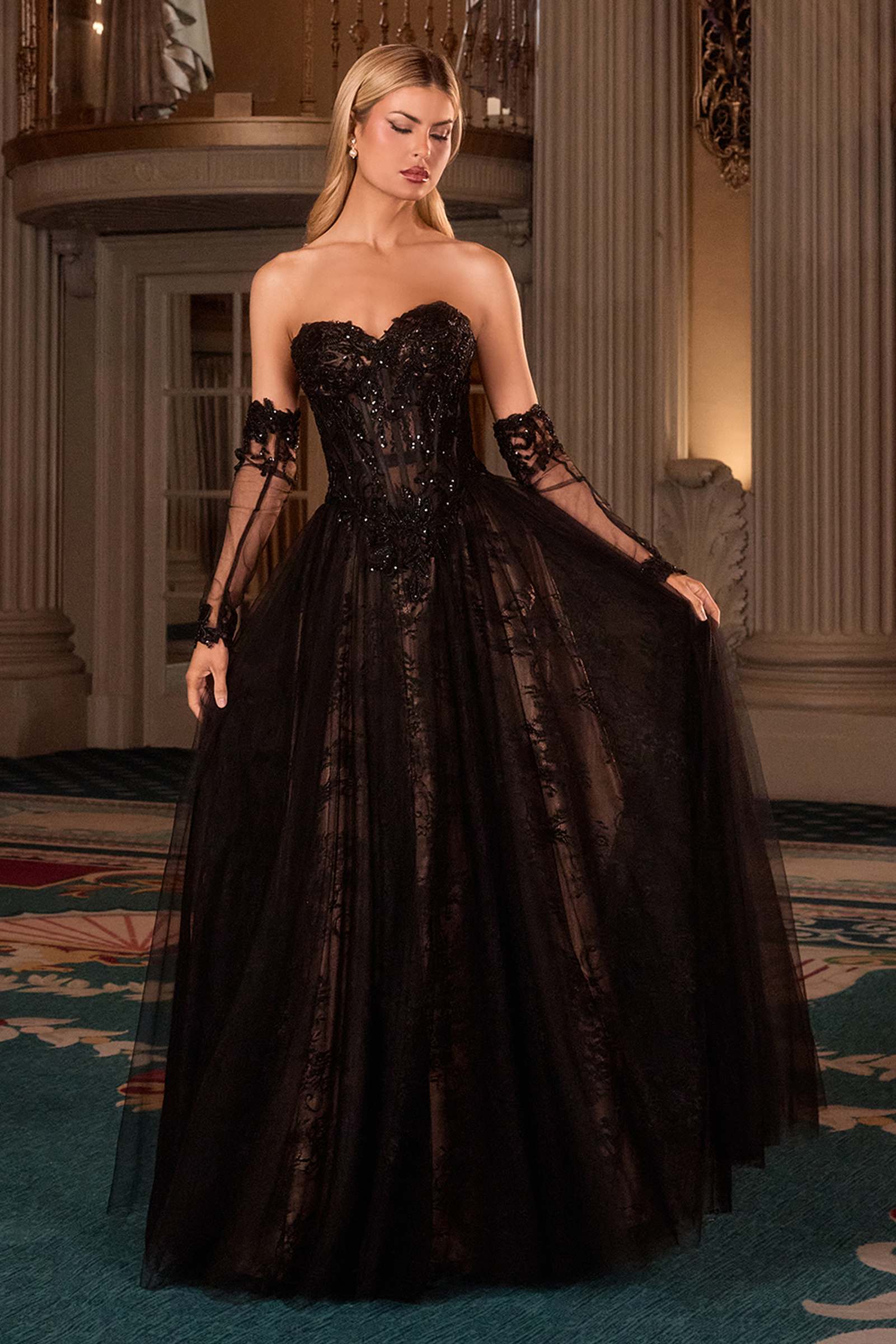 Ladivine CD717 Strapless A-Line Gown Lace Applique Tulle Skirt