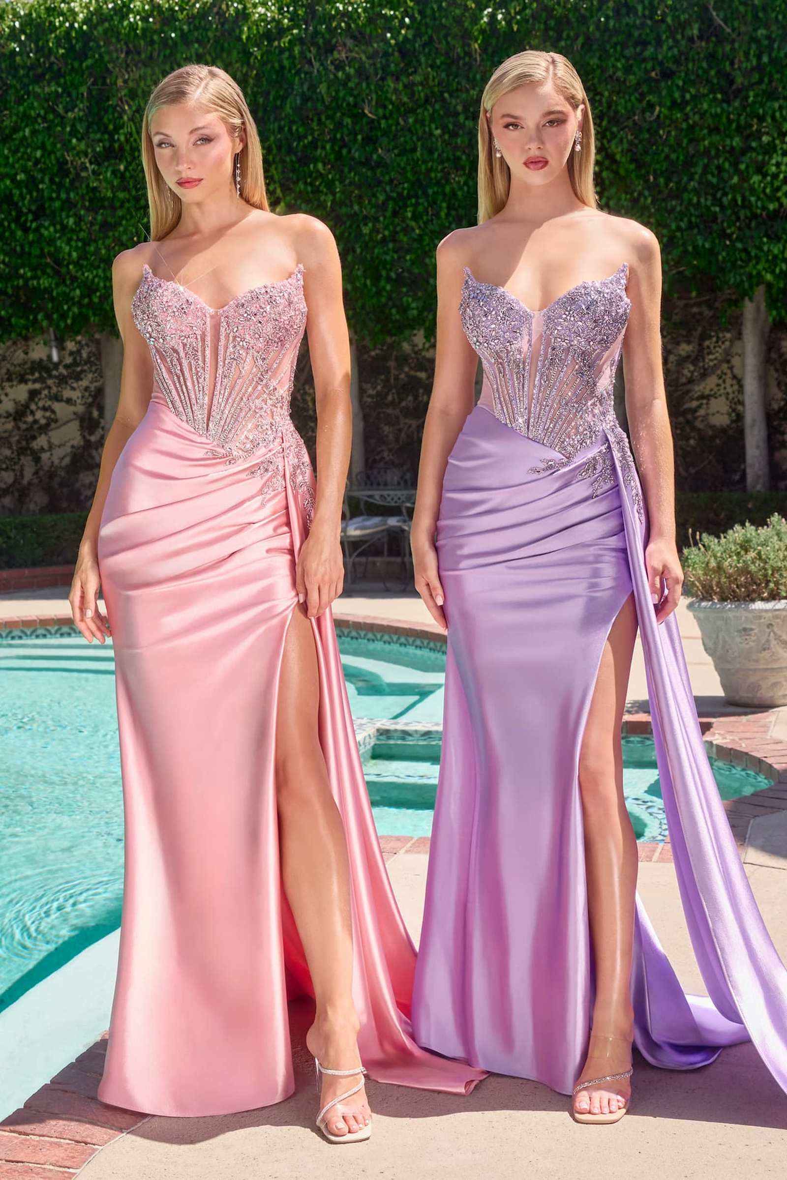 CLEARANCE - Ladivine CD722 Strapless Satin Fitted Cielo Blue Evening Gown (Size 12)