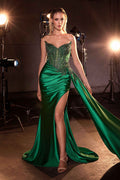 CLEARANCE - Ladivine CD722 Strapless Satin Fitted Emerald Evening Gown (Size 6)