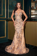 Ladivine CD723 Strapless Fitted Gown Plunging Neckline Floral Detailing