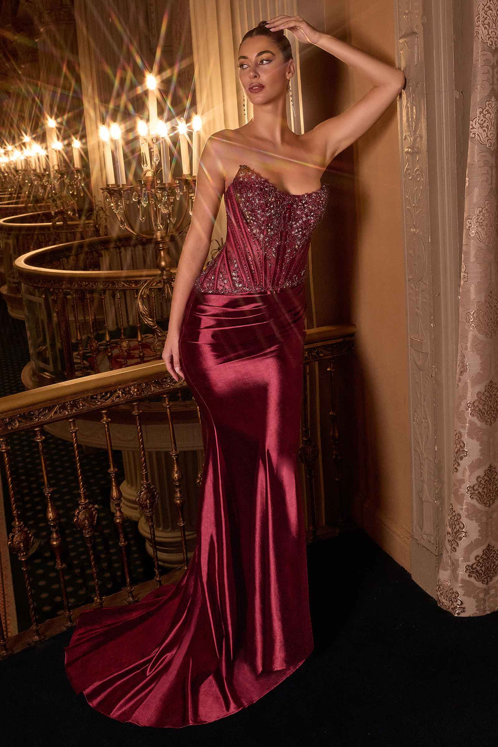 Ladivine CD725 Strapless Fitted Gown Scoop Neckline Crystal Lace