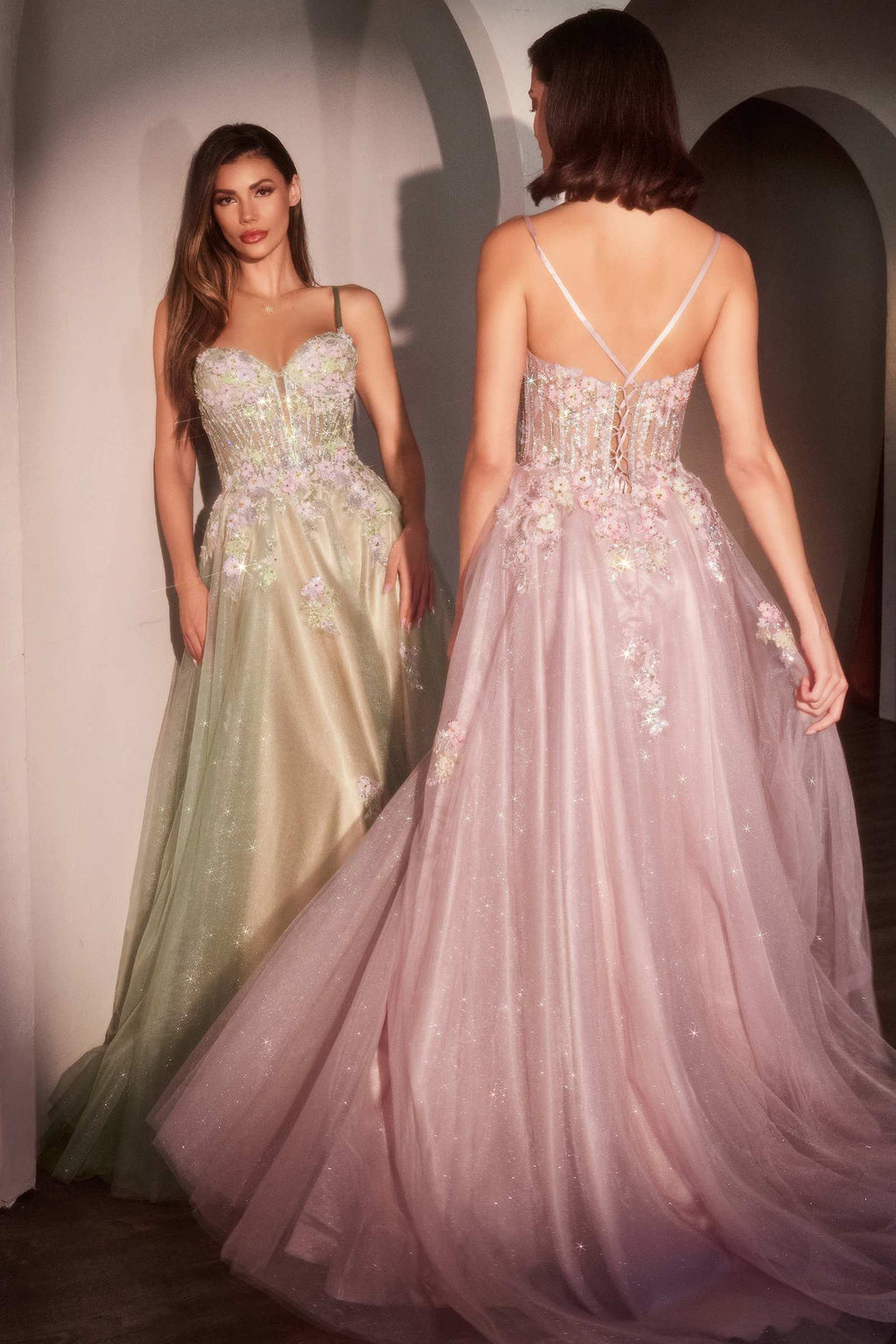 Ladivine CD740 Floral A-Line Layered Glitter Tulle Dress