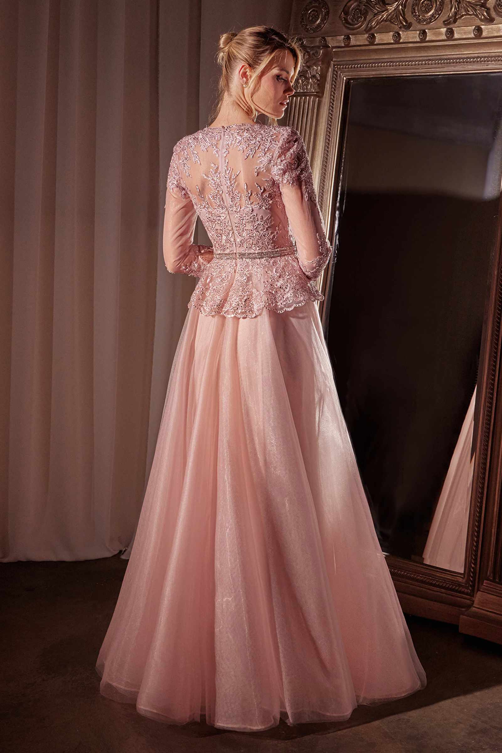 Ladivine CD789 Dress Three Quarter Sleeve Lace & Tulle A-Line Gown