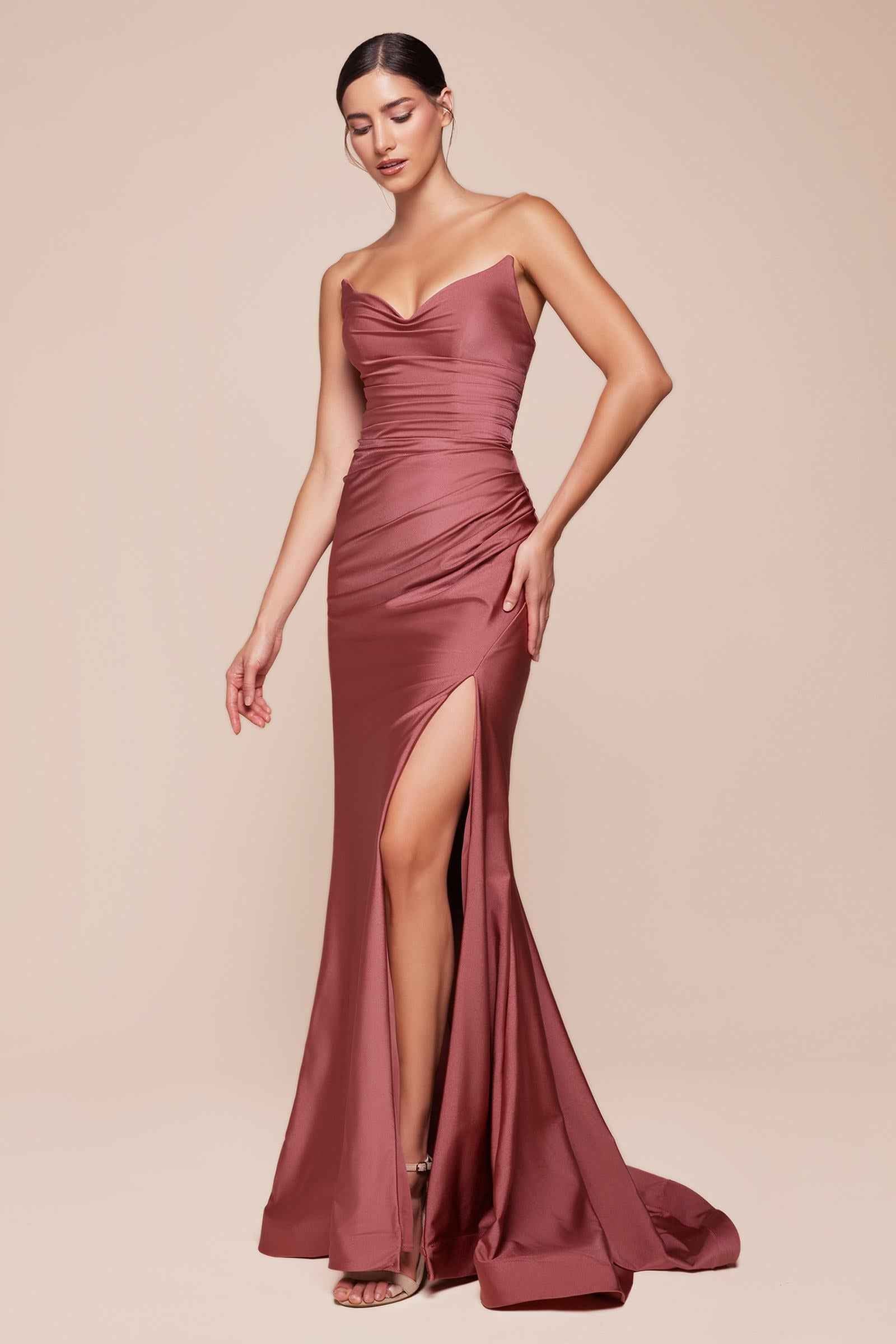 Ladivine CD791 Dress Strapless Stretch Satin Fitted Gown with Slit