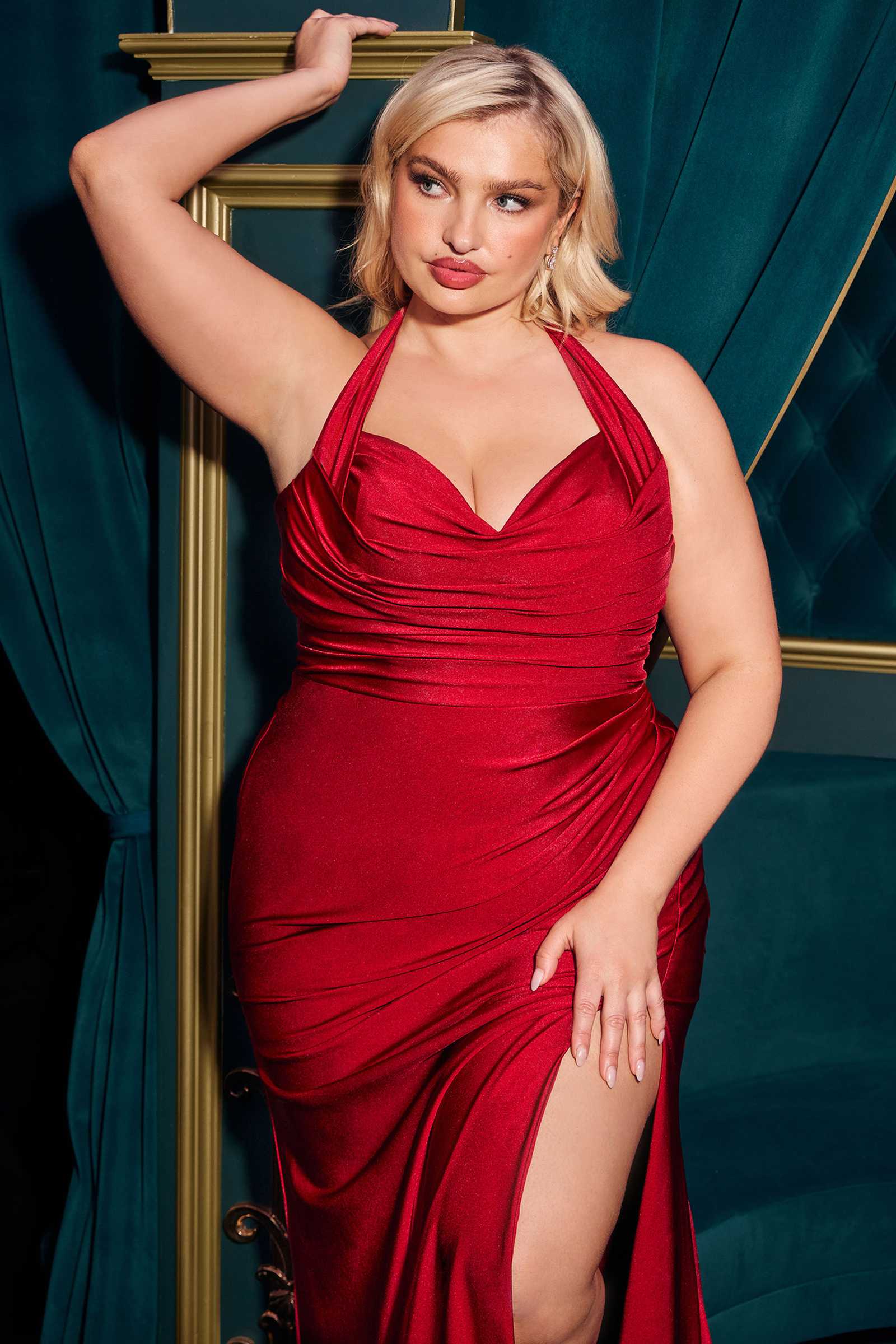 Ladivine CD796C Dress Stretch Satin Halter Fitted Curve Gown