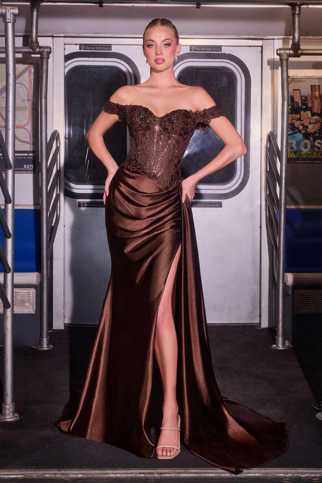 CLEARANCE - Ladivine CD803 Off The Shoulder Lace & Satin Fitted Gown (Size 12)