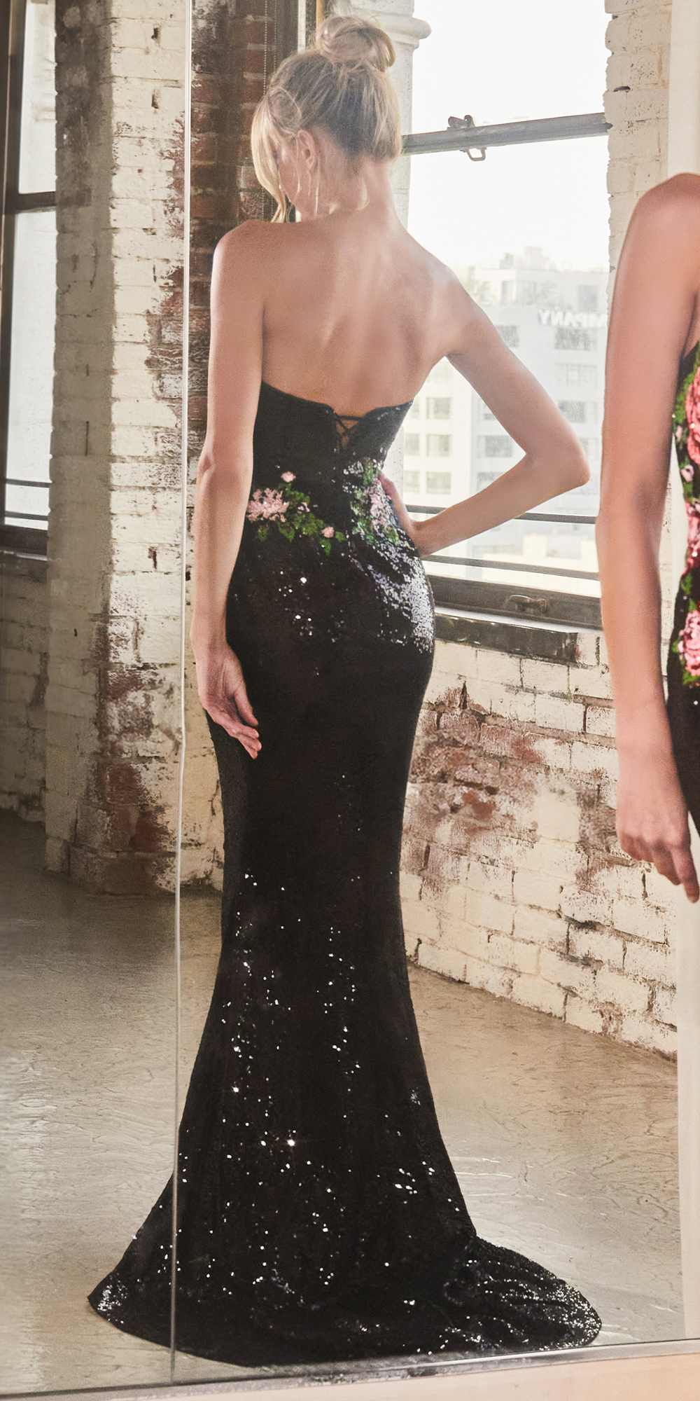 Ladivine CD811 Long Strapless Floral Print Pattern Sequin Dress