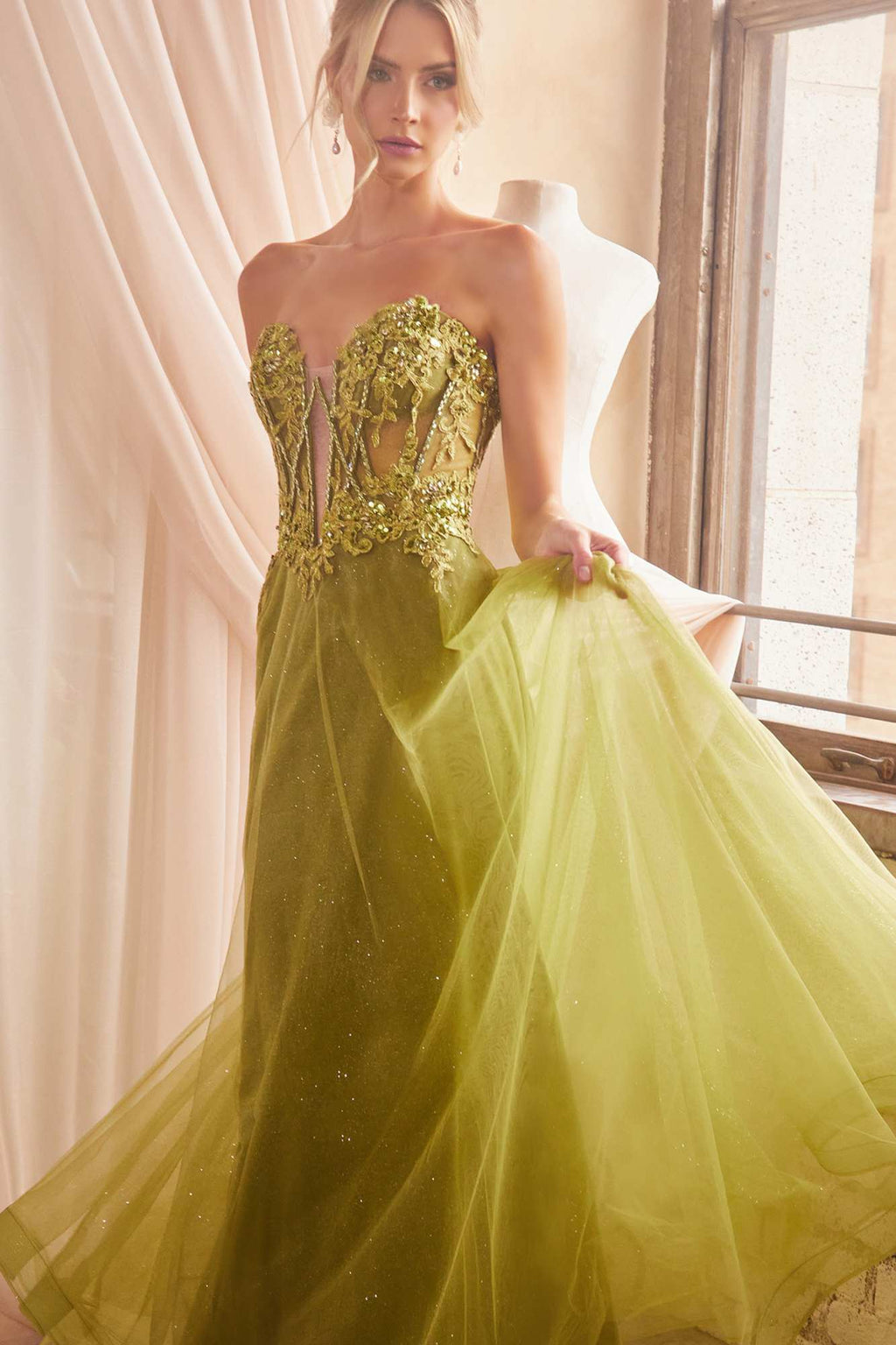Ladivine CD830 Long Strapless Ball Gown with Removable Sleeves
