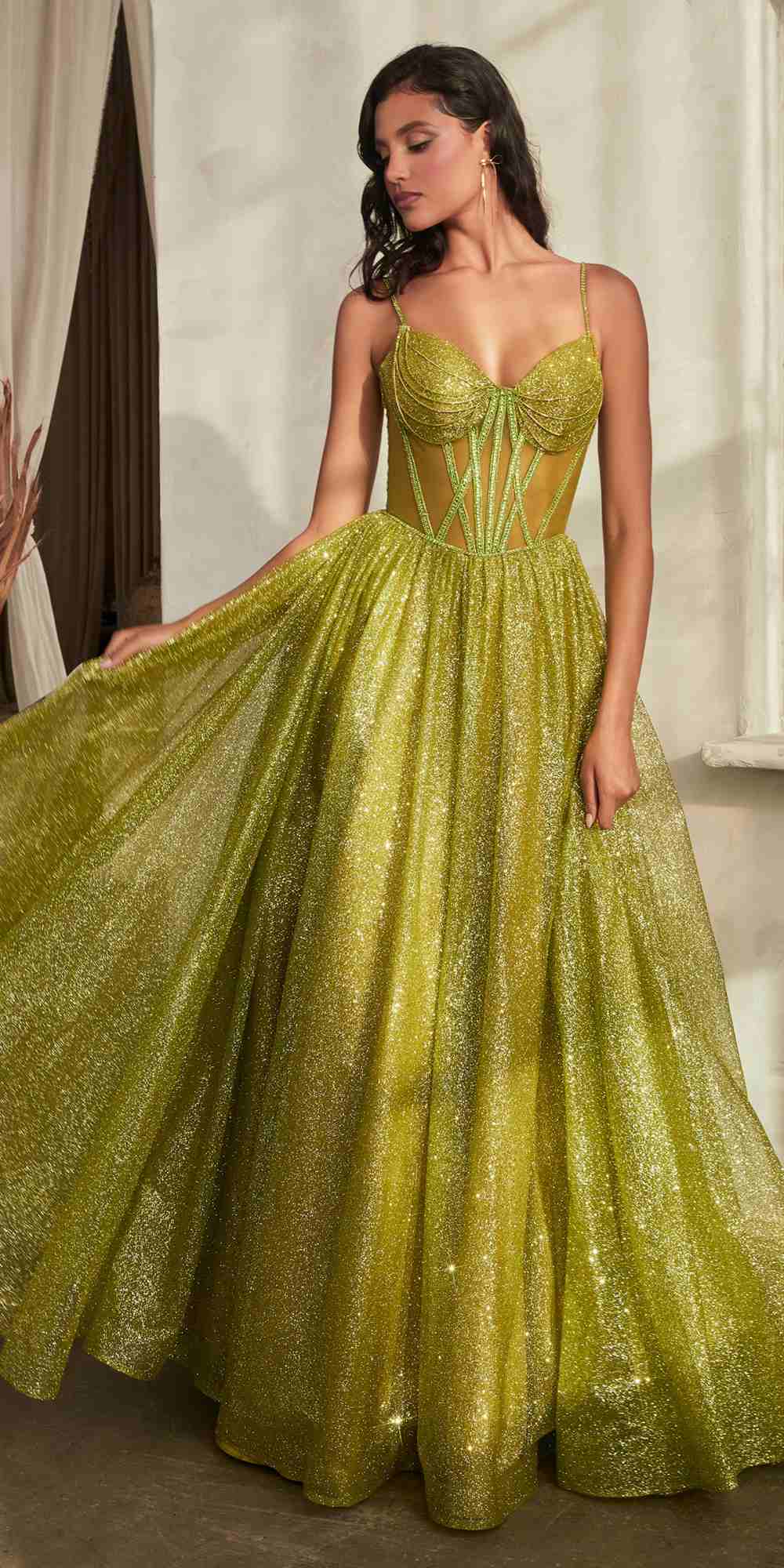 Ladivine CD832 Long Sheer Boned Bodice Glitter Flock Ball Gown