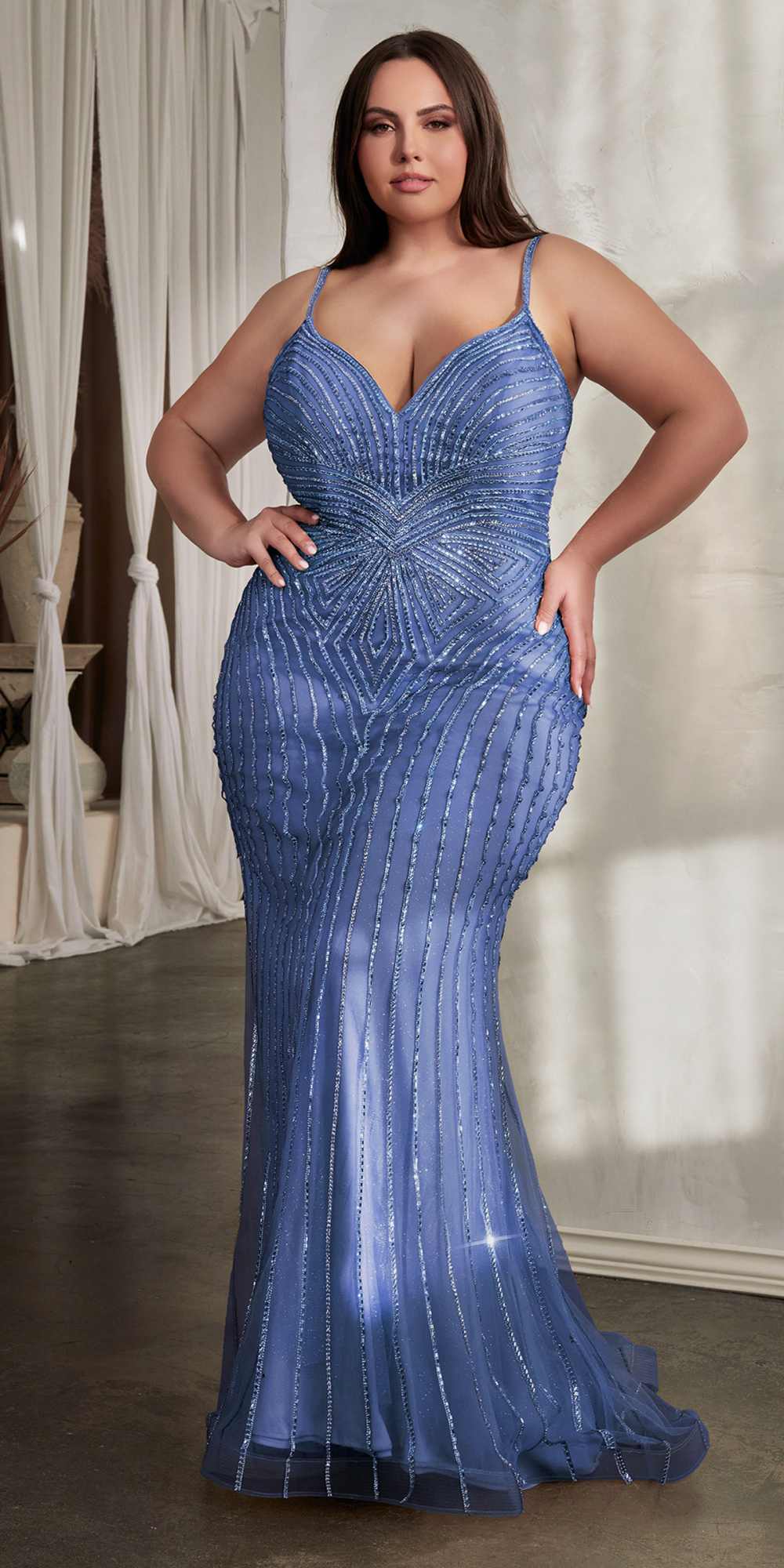 Ladivine CD845 Long Layered Tulle Embellished Rhinestone Gown