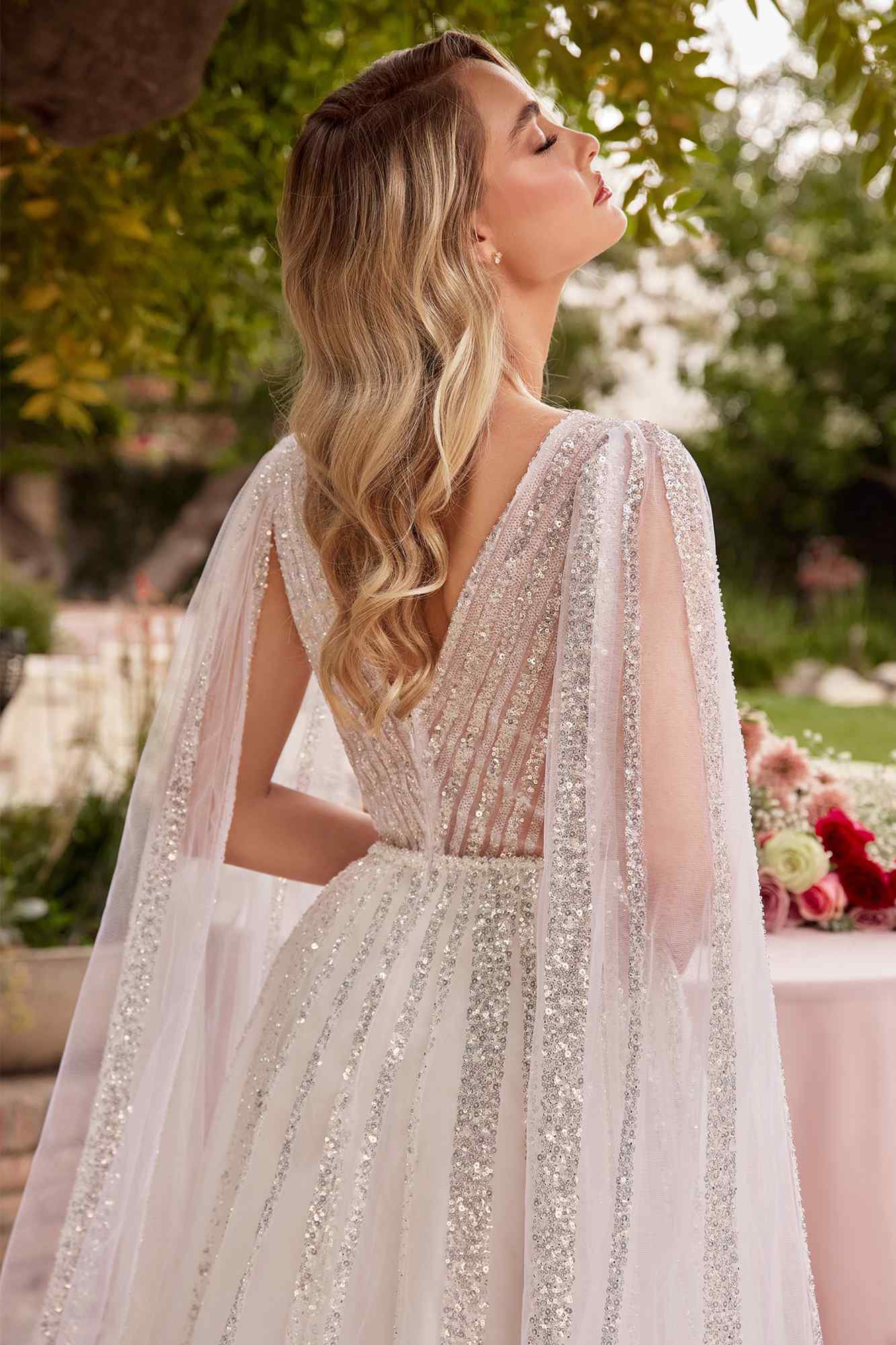Ladivine CD852W Timeless A-Line Layered Tulle Long Sleeve Drape Wedding Gown