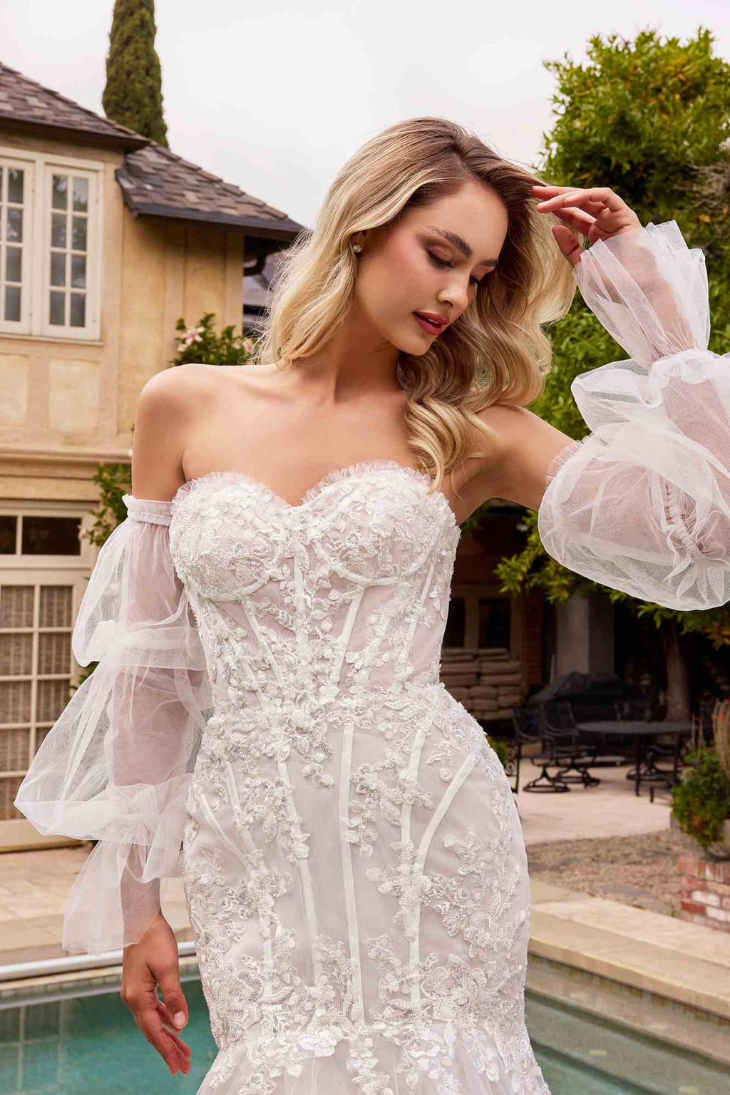 Ladivine CD858W Long Strapless Mermaid Dress Removable Sleeves