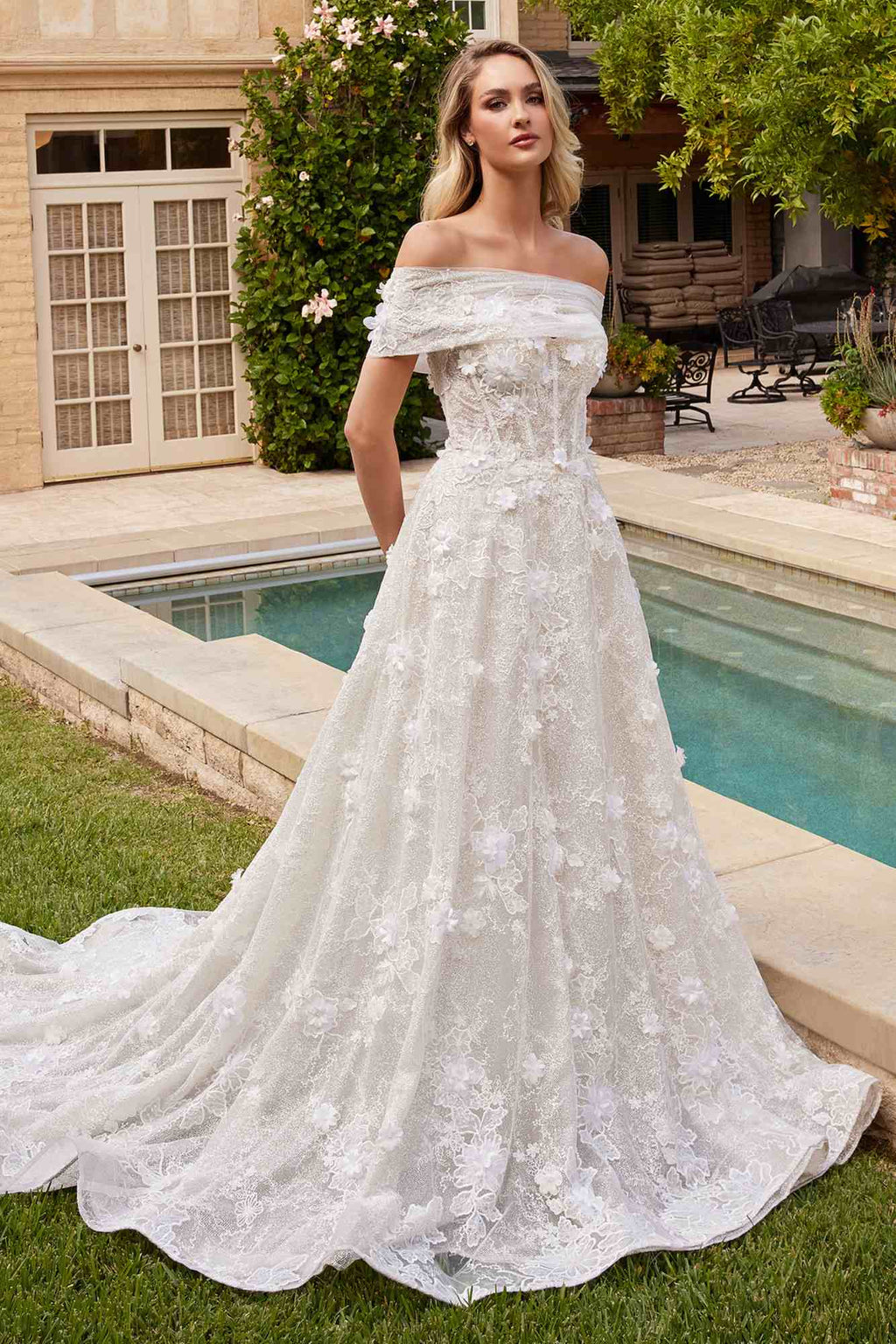 Ladivine CD860W Long Chapel Train Strapless A-Line Bridal Gown Removable Shawl