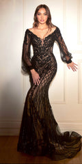 Ladivine CD864 Long Bishop Sheer Sleeve V-Neckline Embellished Gown