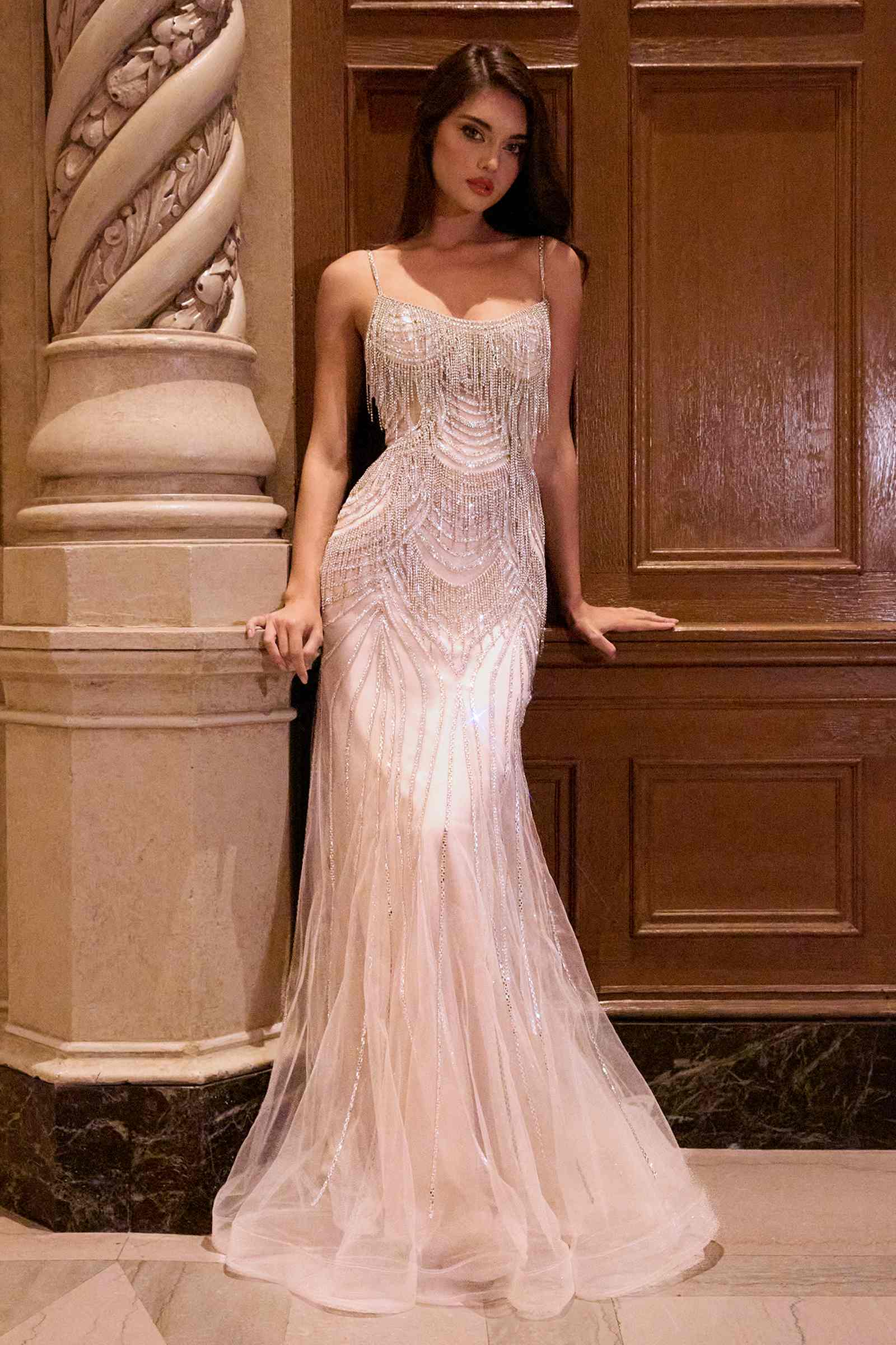 Ladivine CD866 Fitted Fringe Embellished Tulle Overlay Nude Lining Formal Gown