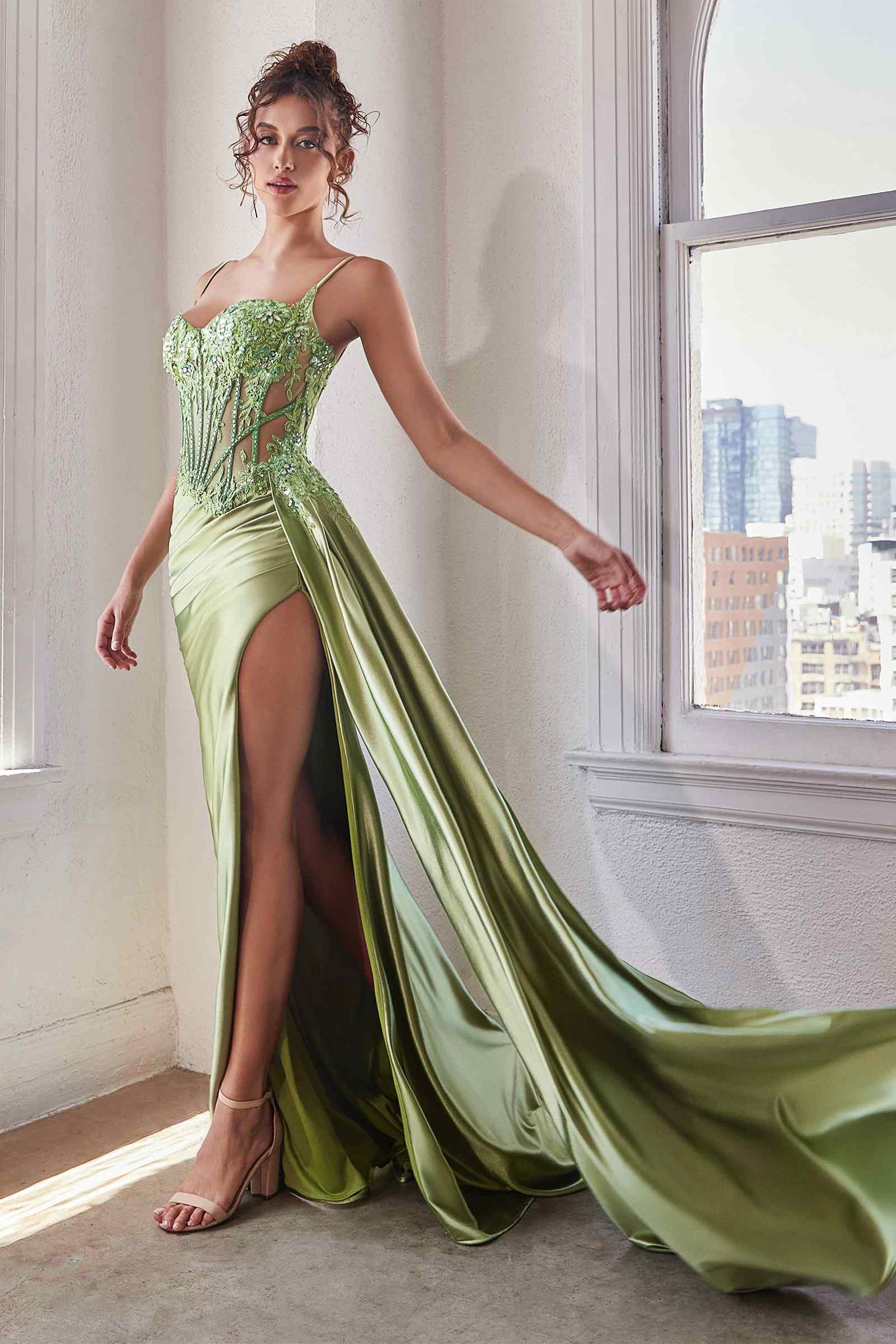 CLEARANCE - Ladivine CD868 Long Glamorous Lace Detailed Silver Gown Side Sash (Size 2)