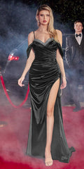 Ladivine CD875 Long Soft Satin Fitted Gown Off the Shoulder with Slit