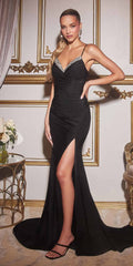 Cinderella Divine CD888 Long Embellished Bust Stretch Satin Fitted Dress with Slit