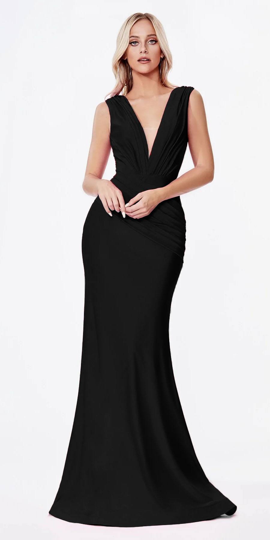 Cinderella Divine CD912 Fitted Jersey Gown Ruched Waistline Pleated Deep V-Neckline