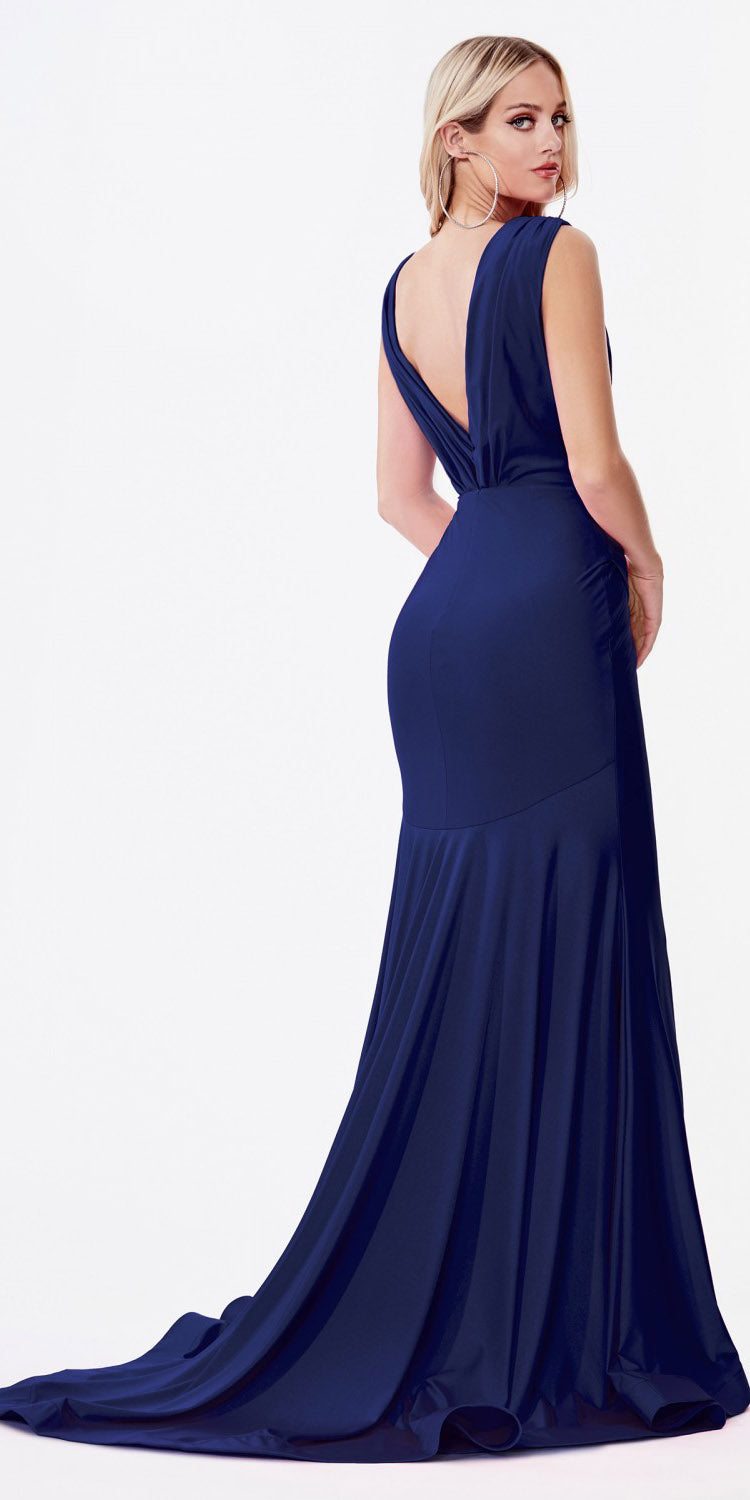 Cinderella Divine CD912 Fitted Jersey Gown Ruched Waistline Pleated Deep V-Neckline