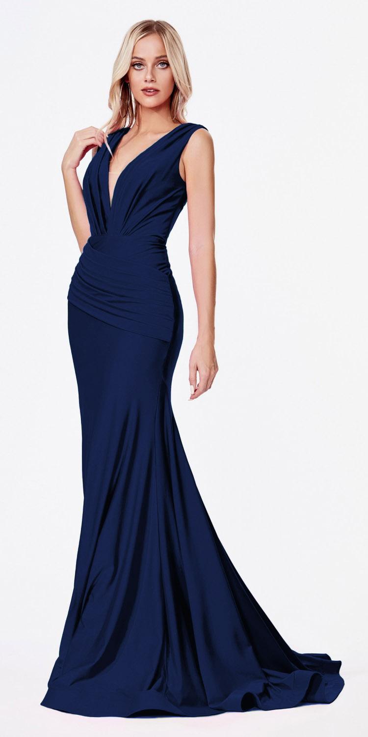 Cinderella Divine CD912 Fitted Jersey Gown Ruched Waistline Pleated Deep V-Neckline