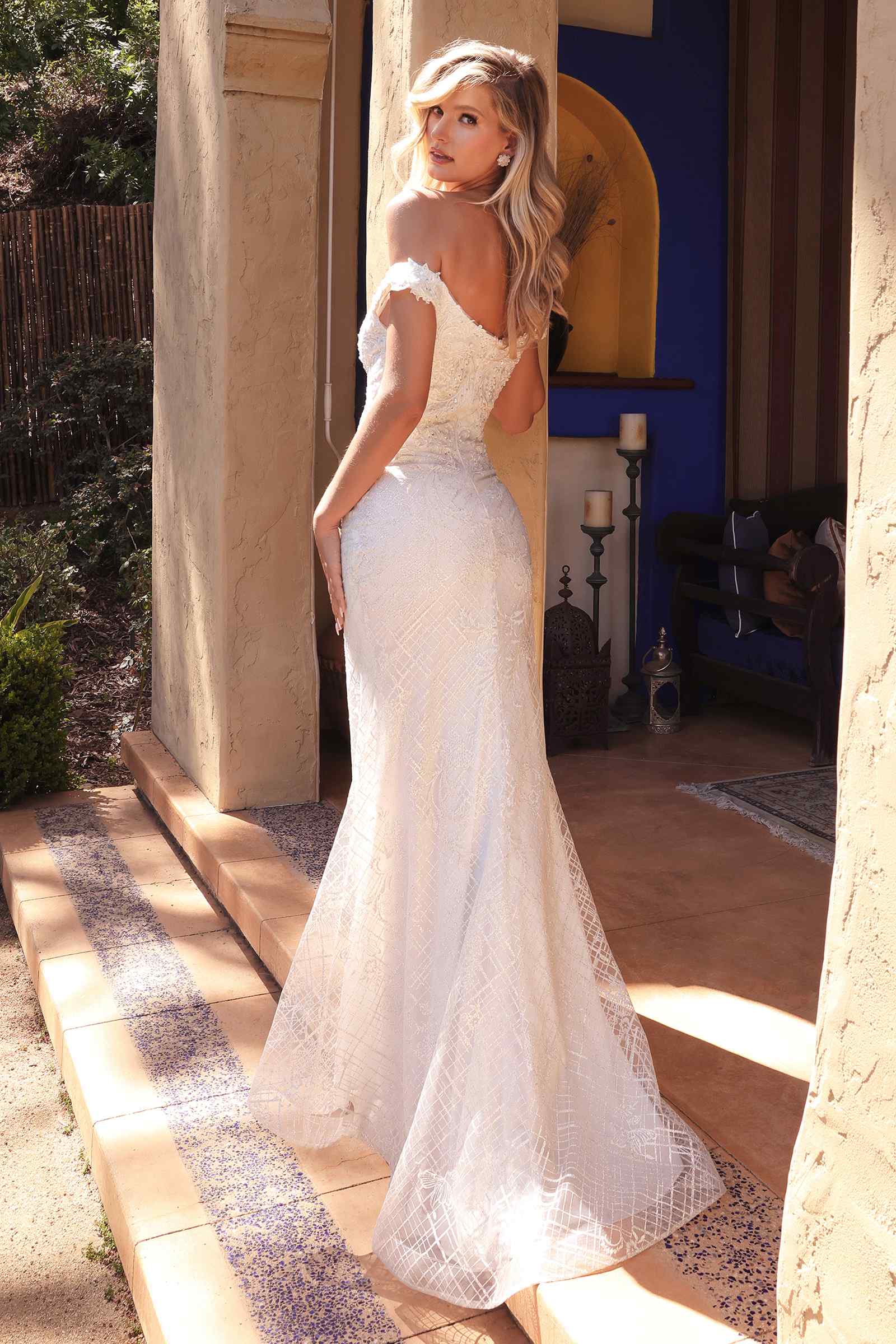 Cinderella Divine CD929 Fitted Off The Shoulder Bridal Gown Floral Lace Applique