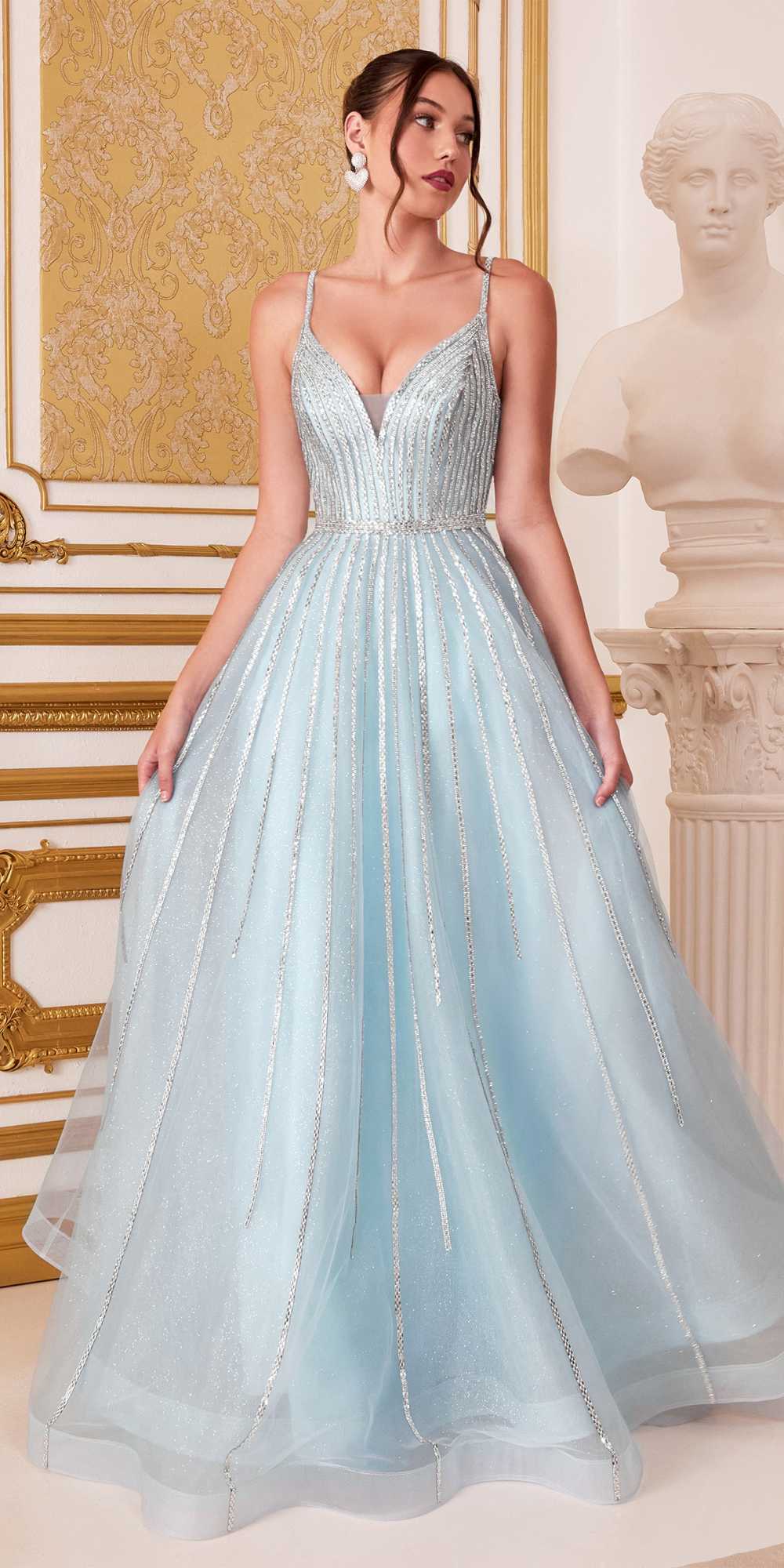 Cinderella Divine CD940 Stunning A-Line Ball Gown Glitter Tulle Long V-back
