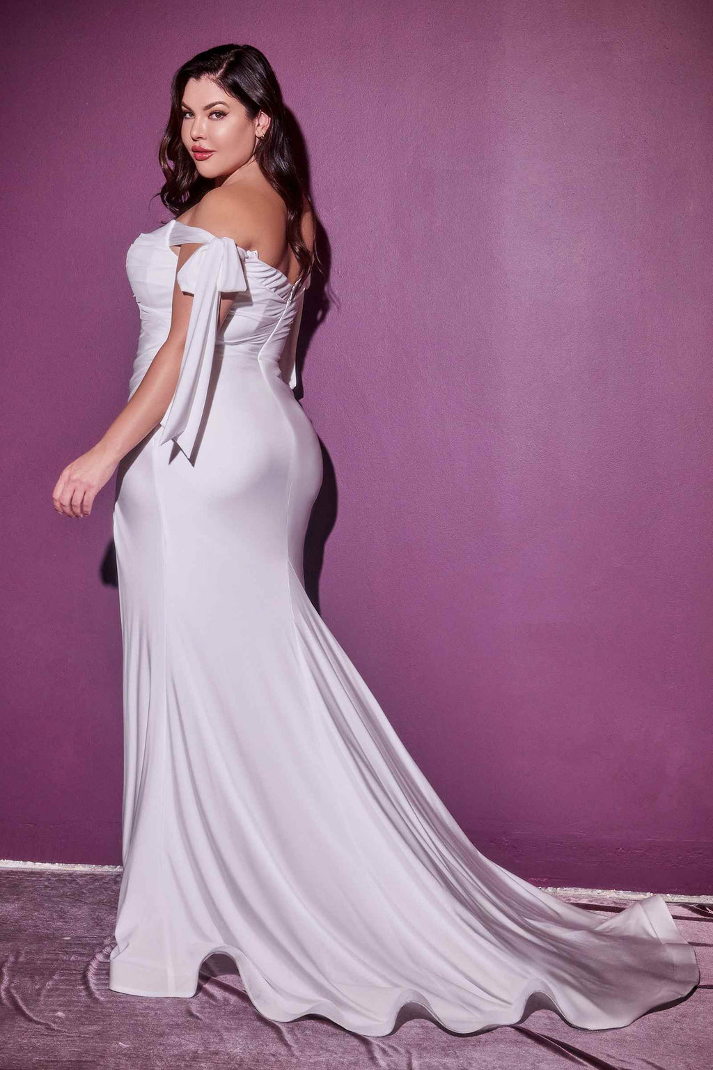 Cinderella Divine CD944WC Long Stretch Satin Gown Off The Shoulder Tie Sleeve