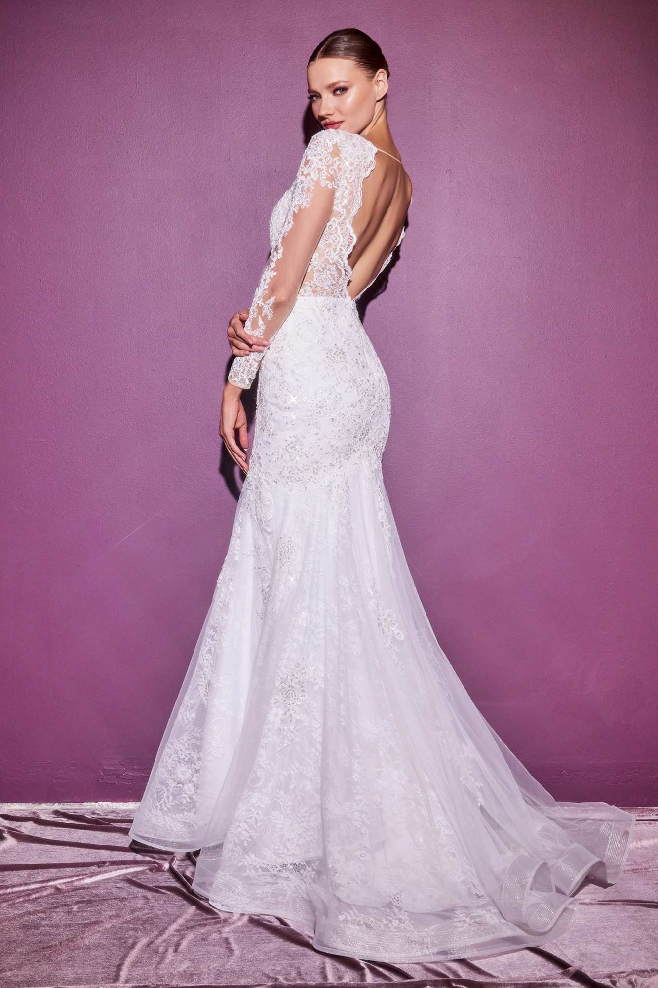 Cinderella Divine CD951W Lace Mermaid Gown With Long Illusion Sleeves