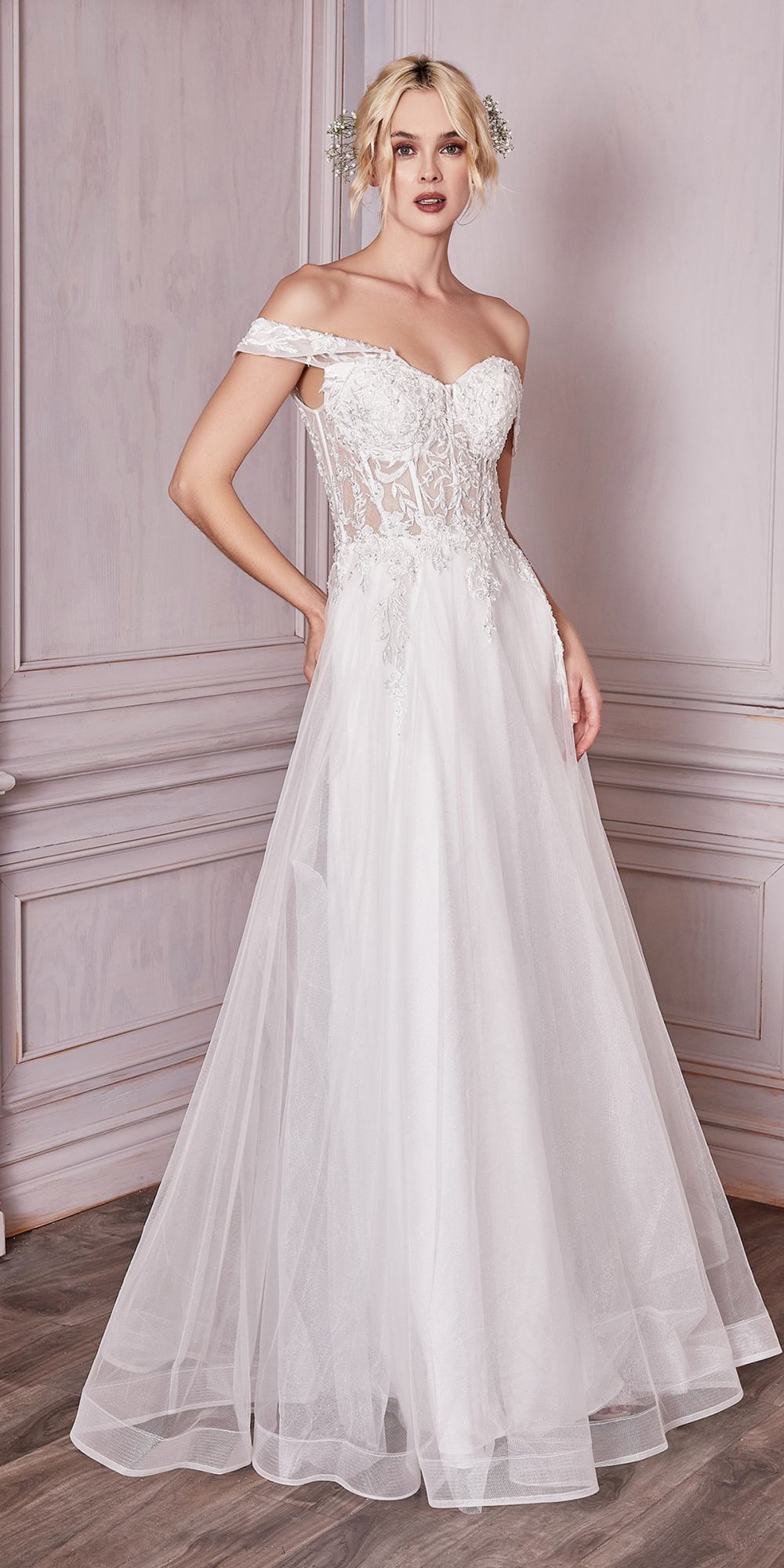 Cinderella Divine CD961W Long Lace Off the Shoulder Bridal Gown