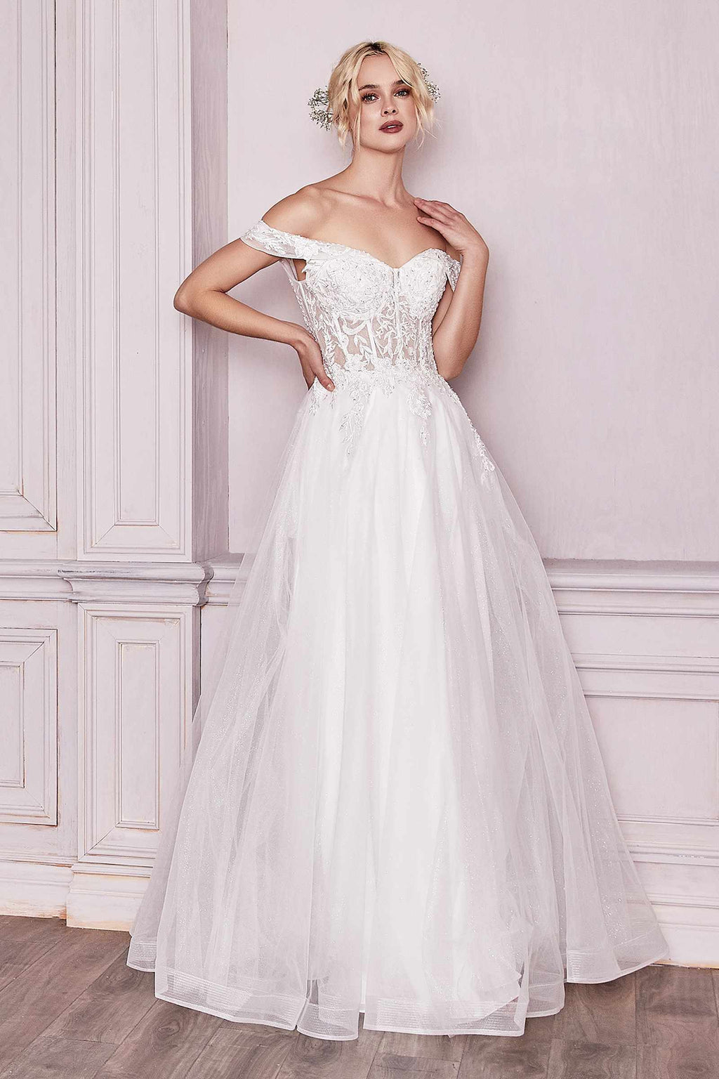 Cinderella Divine CD961W Long Lace Off the Shoulder Bridal Gown