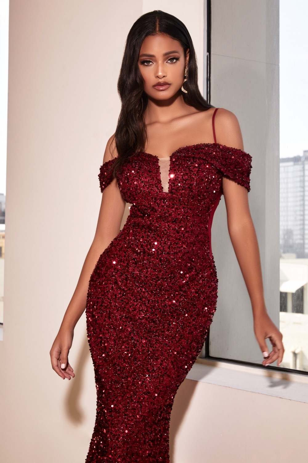 Cinderella Divine CD975 Long Off The Shoulder Sequin Mermaid Gown