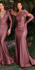 Cinderella Divine CD979 Long Slit Stretch Satin Gown with Gloves