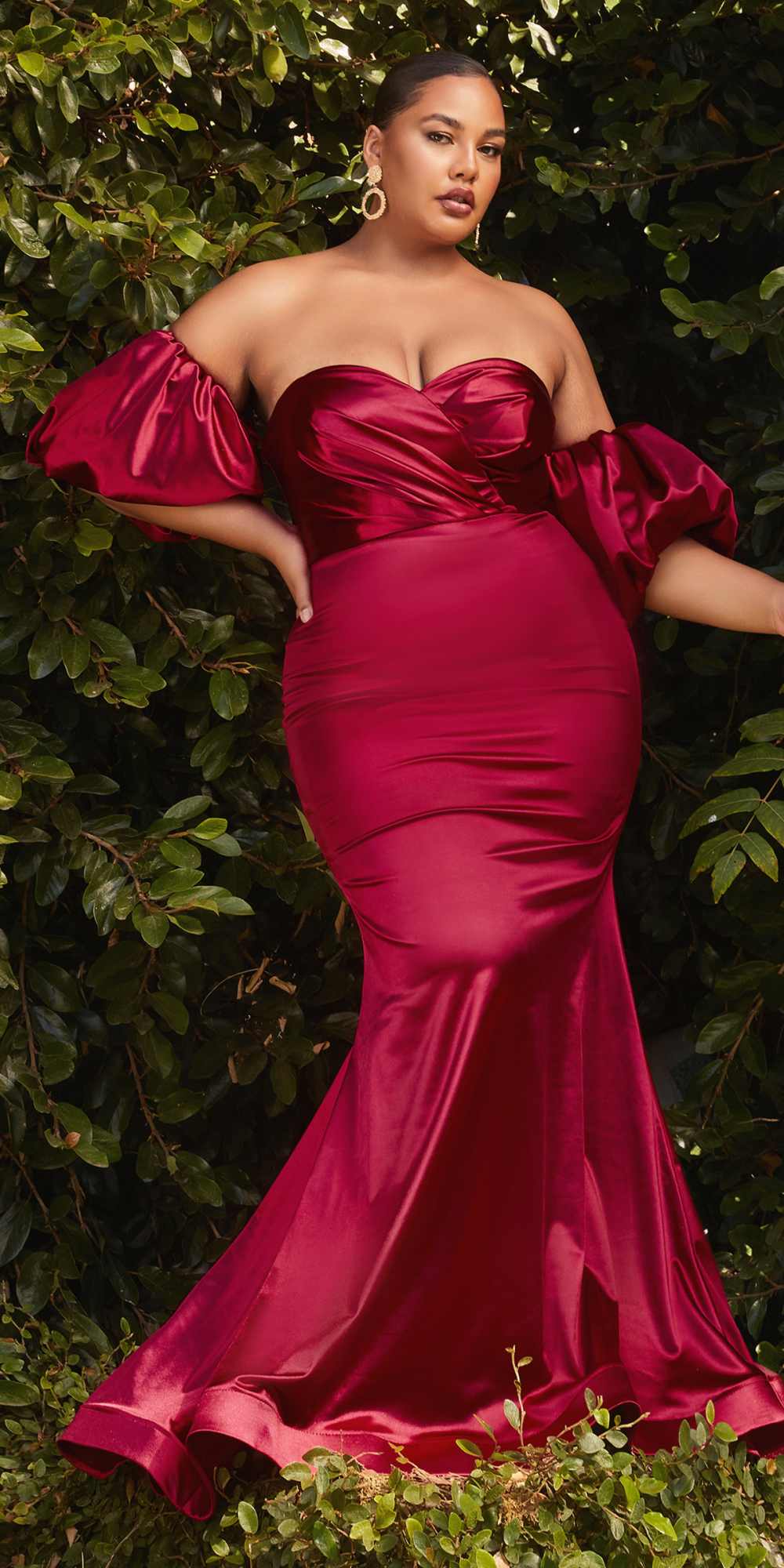Cinderella Divine CD983 Long Fitted Satin Gown with Puff Sleeve