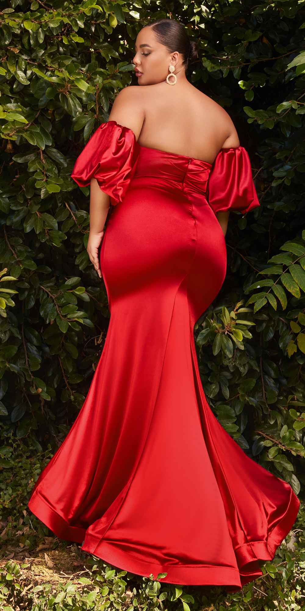 Cinderella Divine CD983 Long Fitted Satin Gown with Puff Sleeve