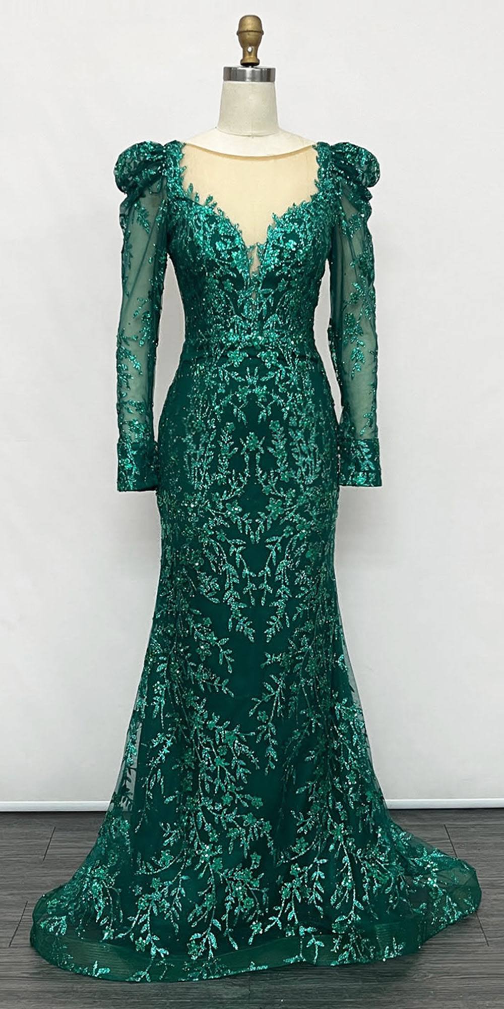 Ladivine CD989 Floor Length Glitter Print Dress with Long Sleeves