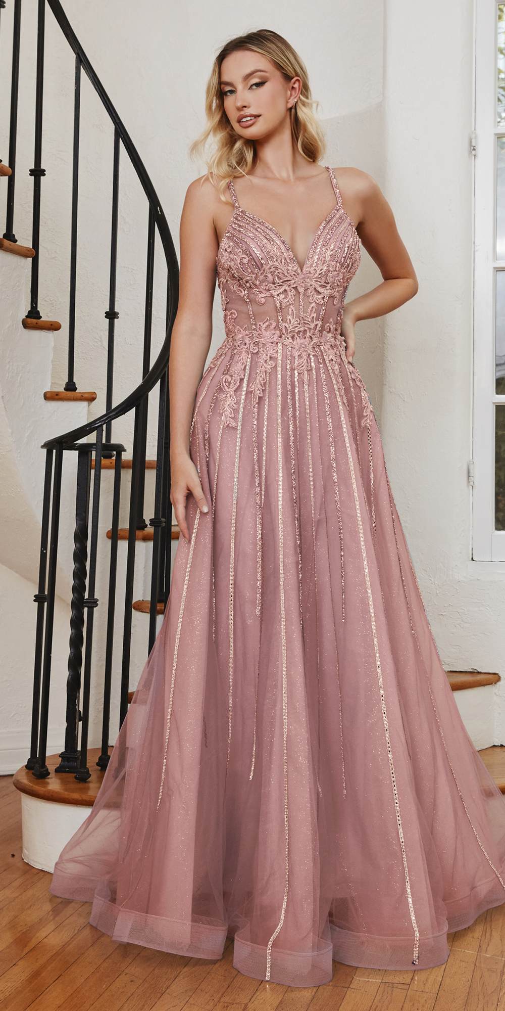 Cinderella Divine CD994 Long A-Line Beaded Tulle Gown Lace Detail V-Neck