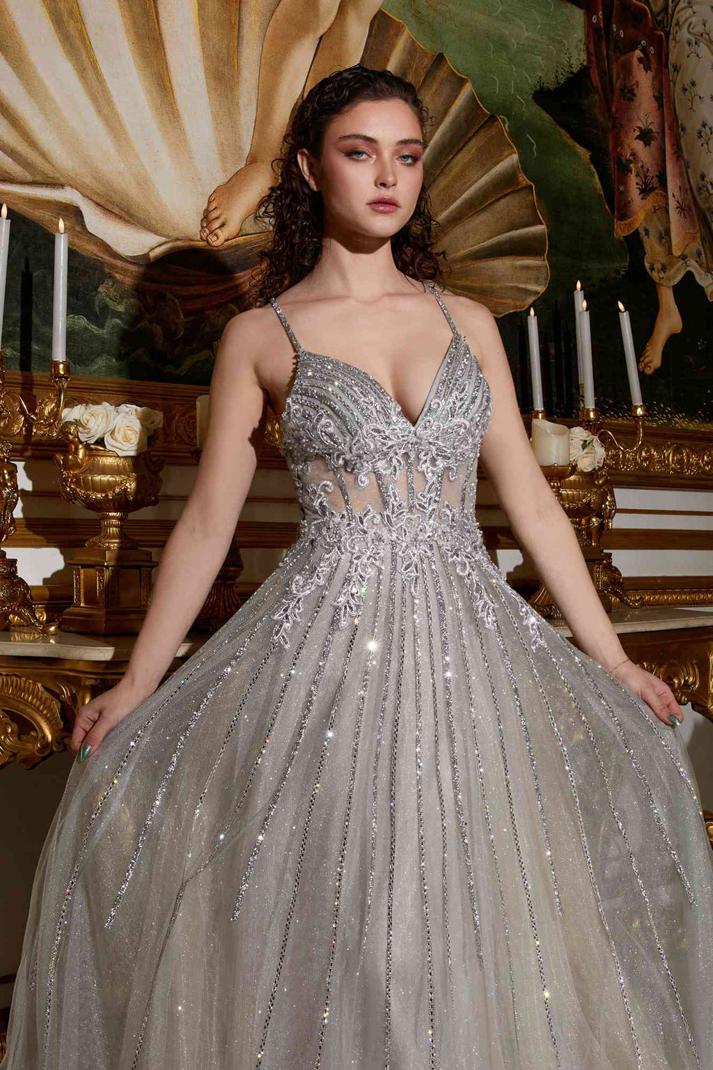 Cinderella Divine CD994 Long A-Line Beaded Tulle Gown Lace Detail V-Neck