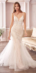 Cinderella Divine CDS401 Long Beaded Hourglass Mermaid Wedding Dress V-Neck