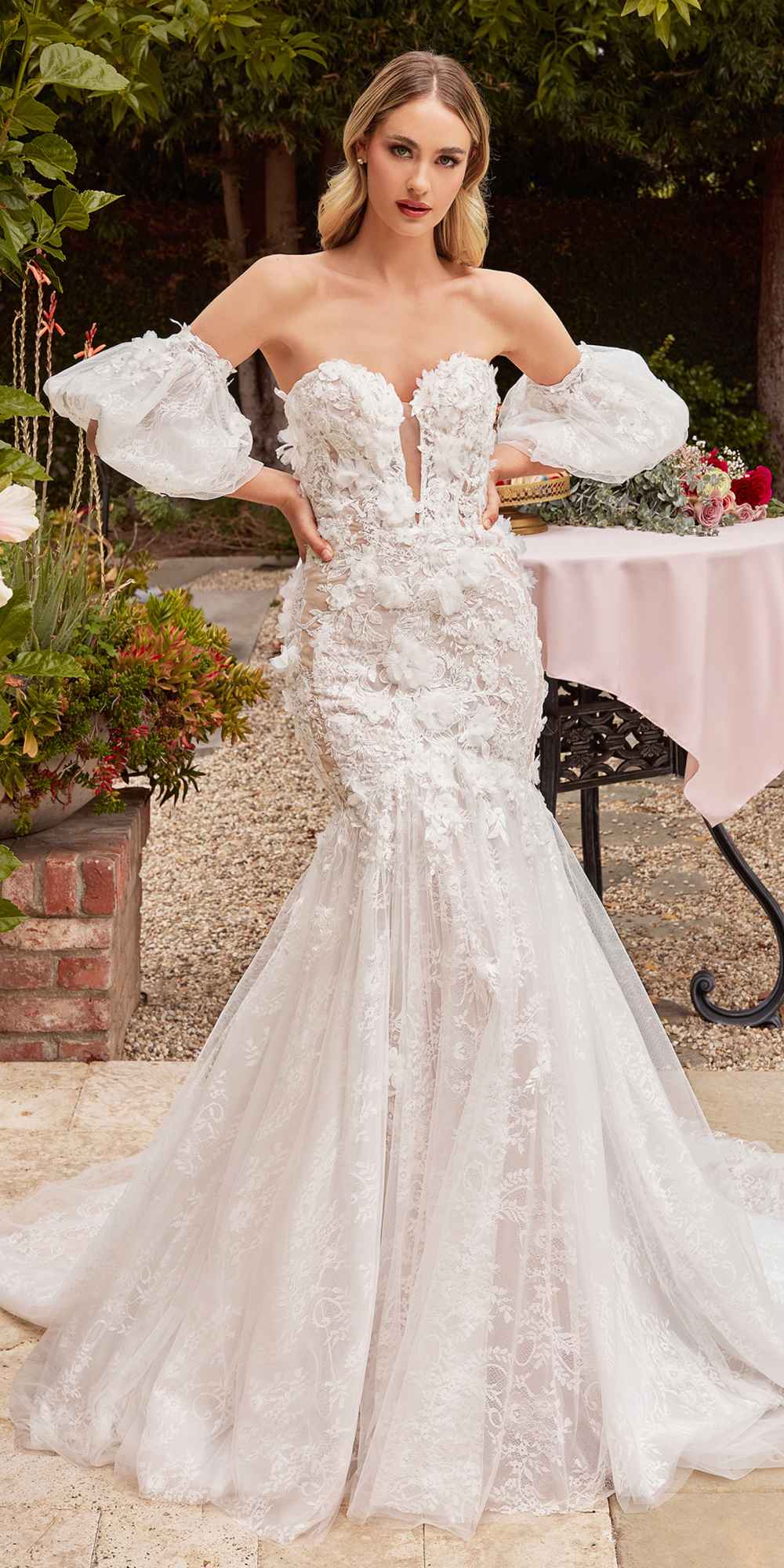 Ladivine CDS434W Long Strapless Lace Mermaid Dress Removable Puff Sleeves