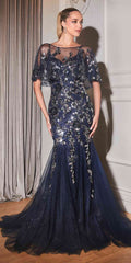 Cinderella Divine CDS438 Long Beaded Mermaid Gown Removable Short Sleeve Capelet