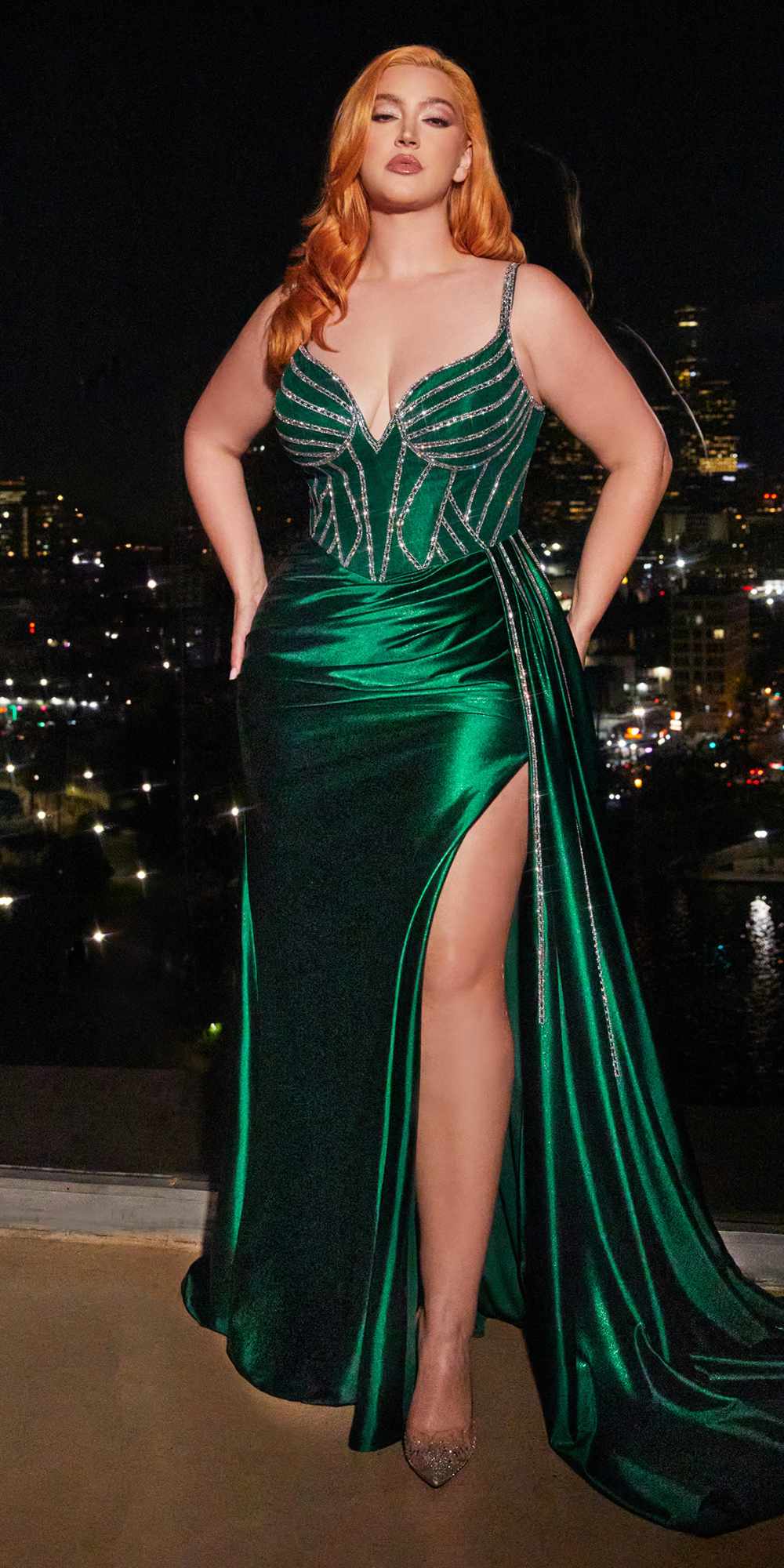 Cinderella Divine CDS440 Floor Length Stretch Satin Sheer Bodice Sexy Gown