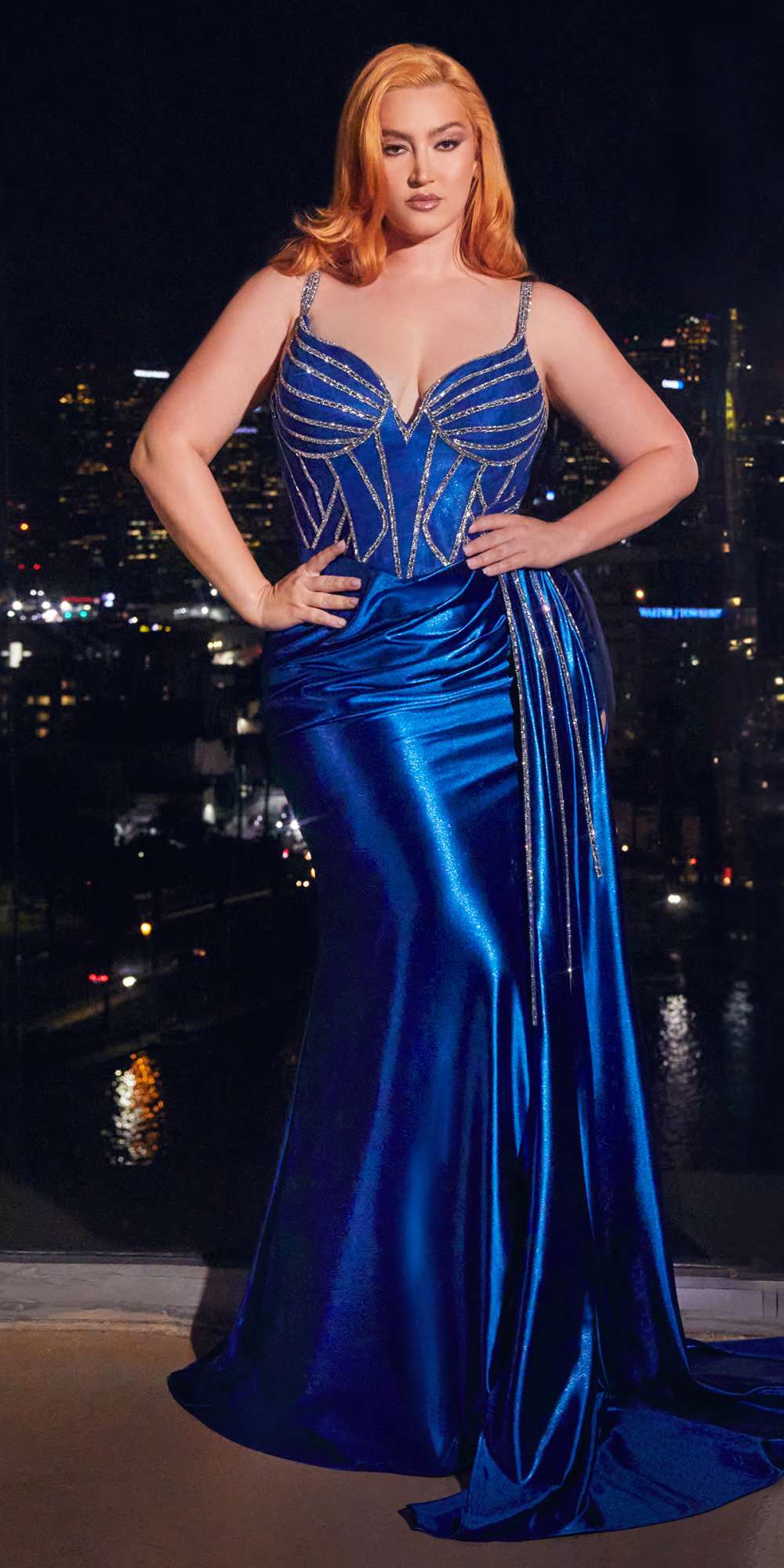 Cinderella Divine CDS440 Floor Length Stretch Satin Sheer Bodice Sexy Gown
