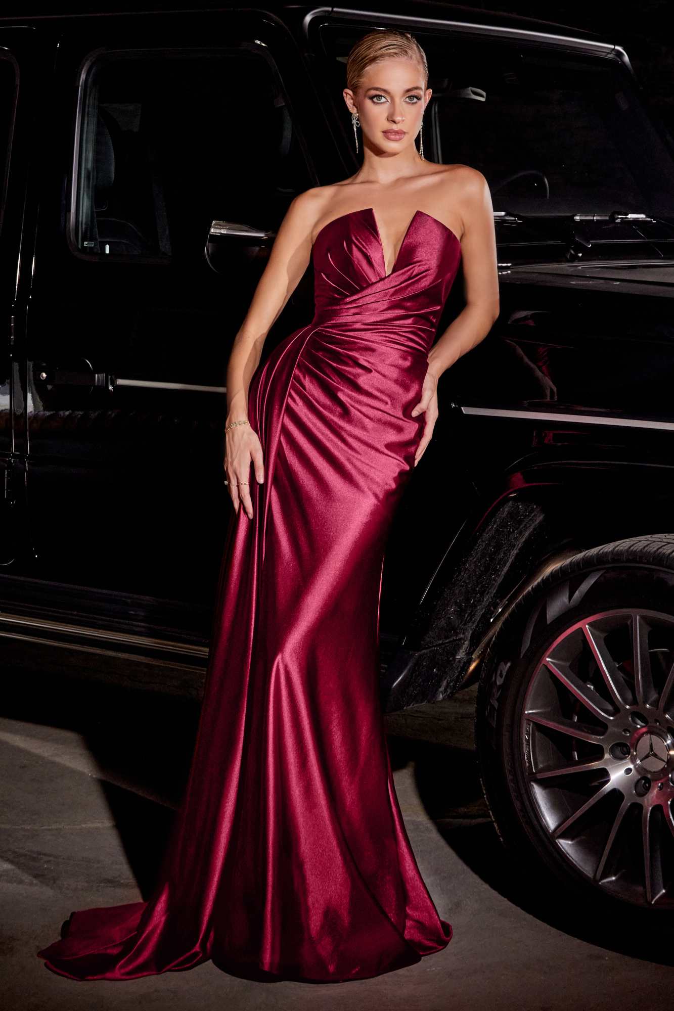 Cinderella Divine CDS441 Long Satin V-Neck Sexy Side Slit Gown Side Sash