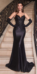 Ladivine CDS450 Long Fitted Lace Applique Bodice Sheer Bodice Gown