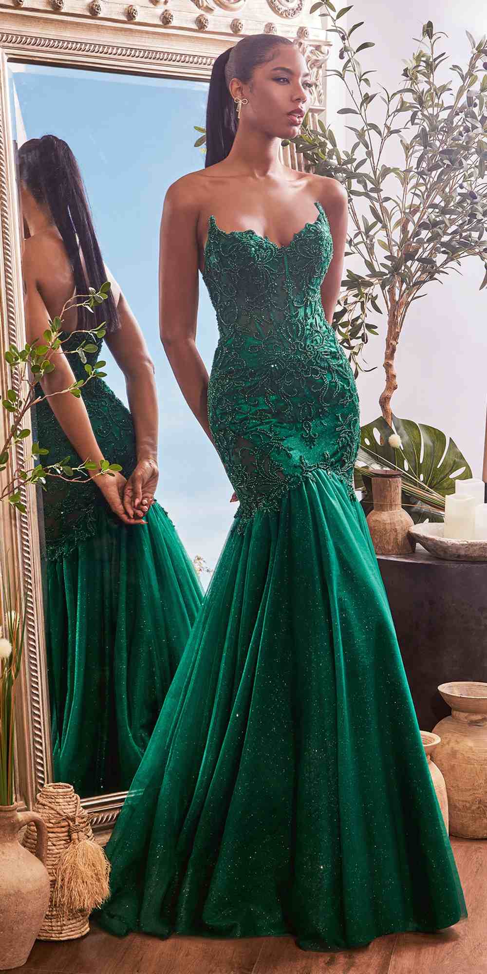 Ladivine CDS482 Long Fitted Strapless Lace and Tulle Mermaid Gown